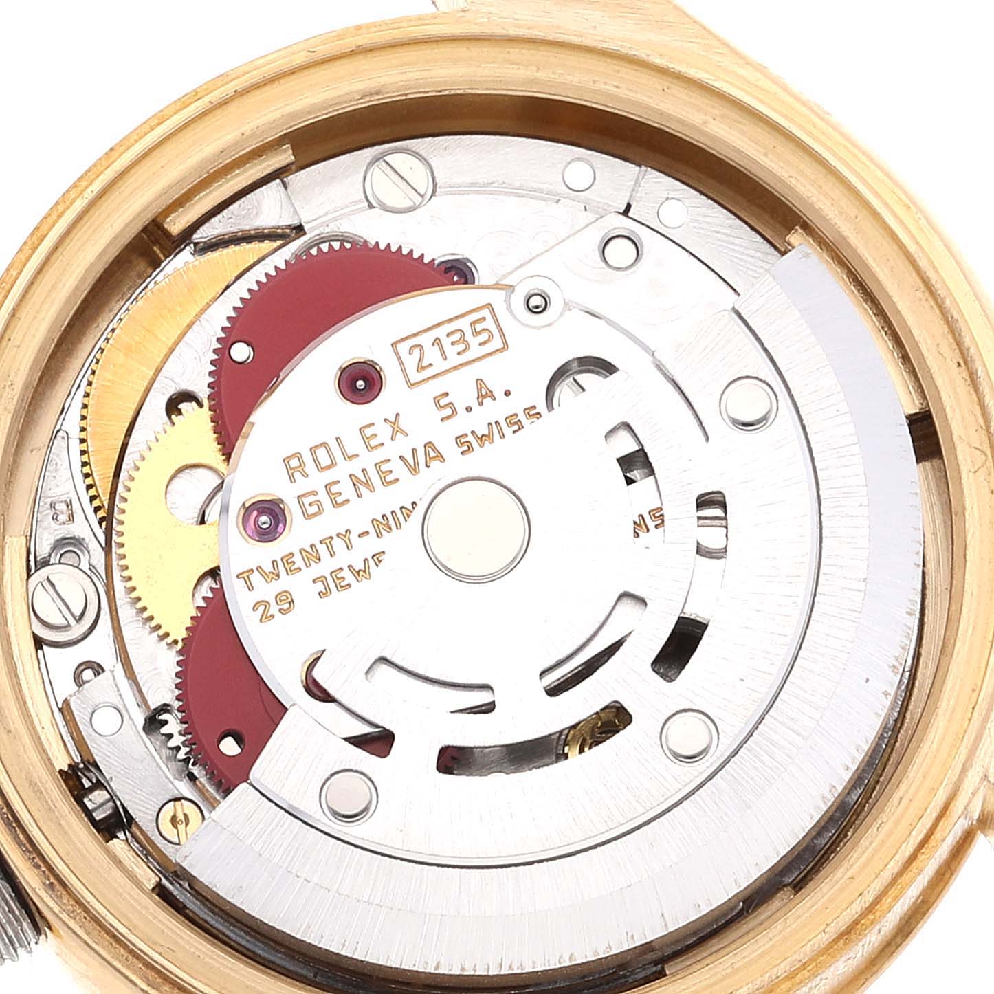 This image shows the internal mechanics of a Rolex President 69178 Women
s Yellow Gold Champagne Dial 69178 Women
s Yellow Gold Champagne Dial model watch from a close-up, top-down angle.