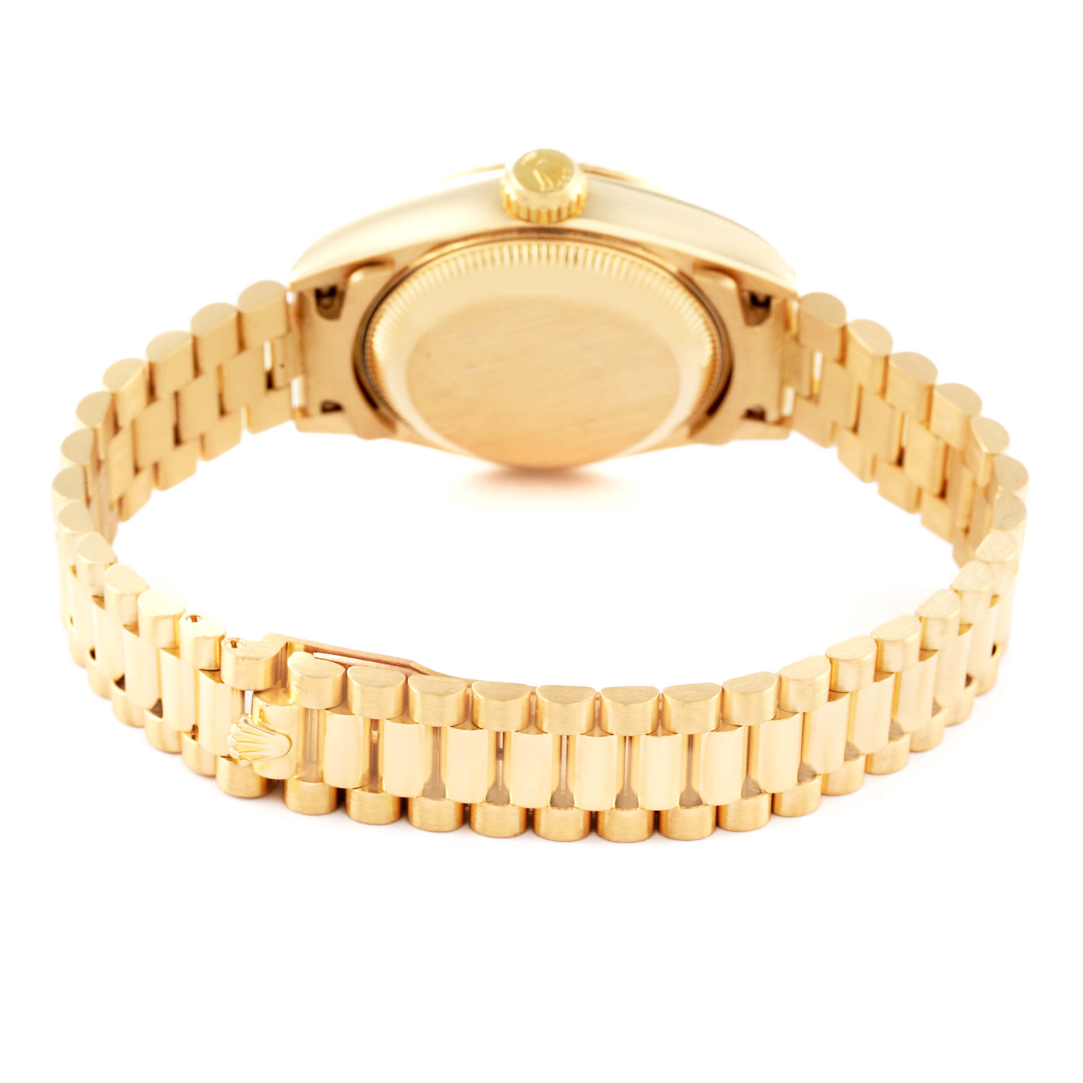 The image shows the back view of a Rolex President 69178 Women
s Yellow Gold Champagne Dial 69178 Women
s Yellow Gold Champagne Dial model watch, highlighting the bracelet and case back.