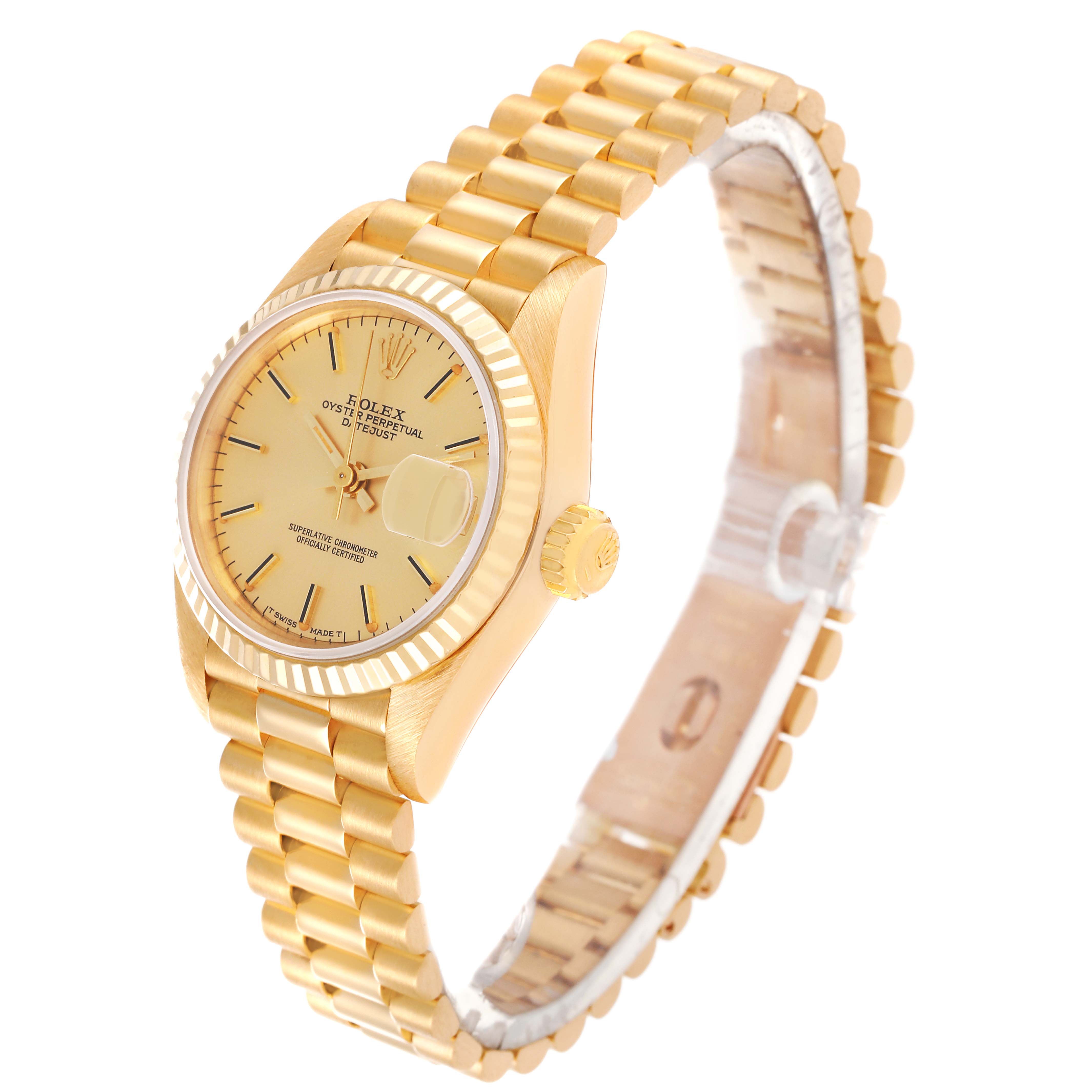 The Rolex President 69178 Women
s Yellow Gold Champagne Dial 69178 Women
s Yellow Gold Champagne Dial model watch is shown at an angle displaying the face, bezel, and band.