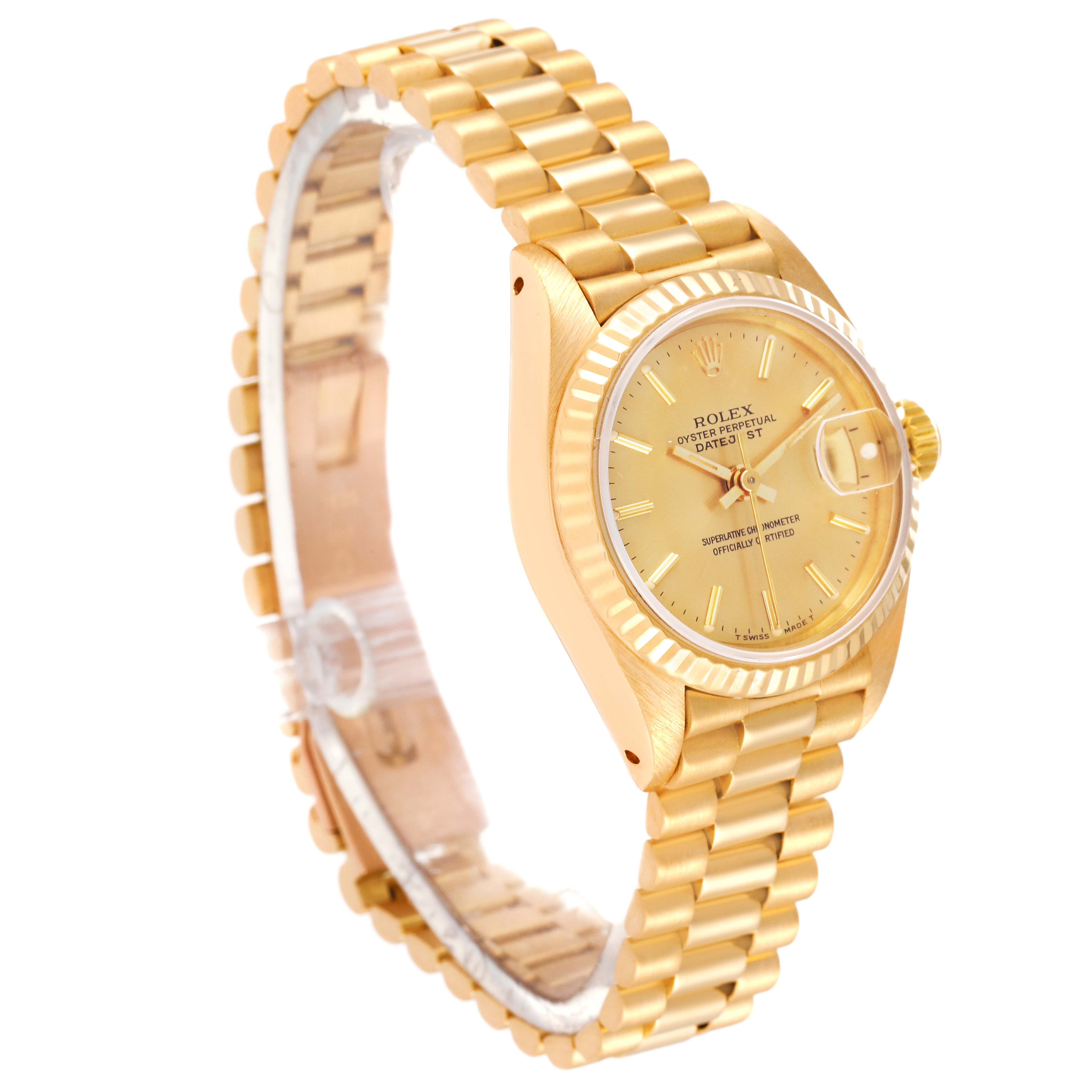 This image shows a side angle of the Rolex President 69178 Women's Yellow Gold Champagne Dial 69178 Women's Yellow Gold Champagne Dial watch, displaying its gold bracelet, case, and dial.