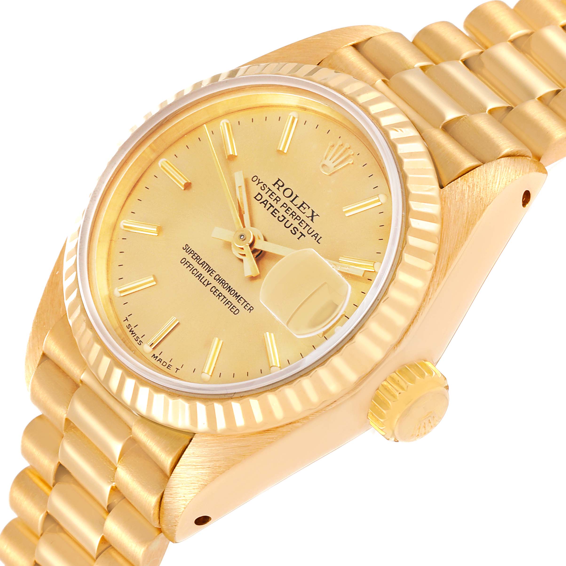 The image shows a Rolex President 69178 Women's Yellow Gold Champagne Dial 69178 Women's Yellow Gold Champagne Dial model watch from a diagonal top view, highlighting its gold dial, crown, and bracelet.