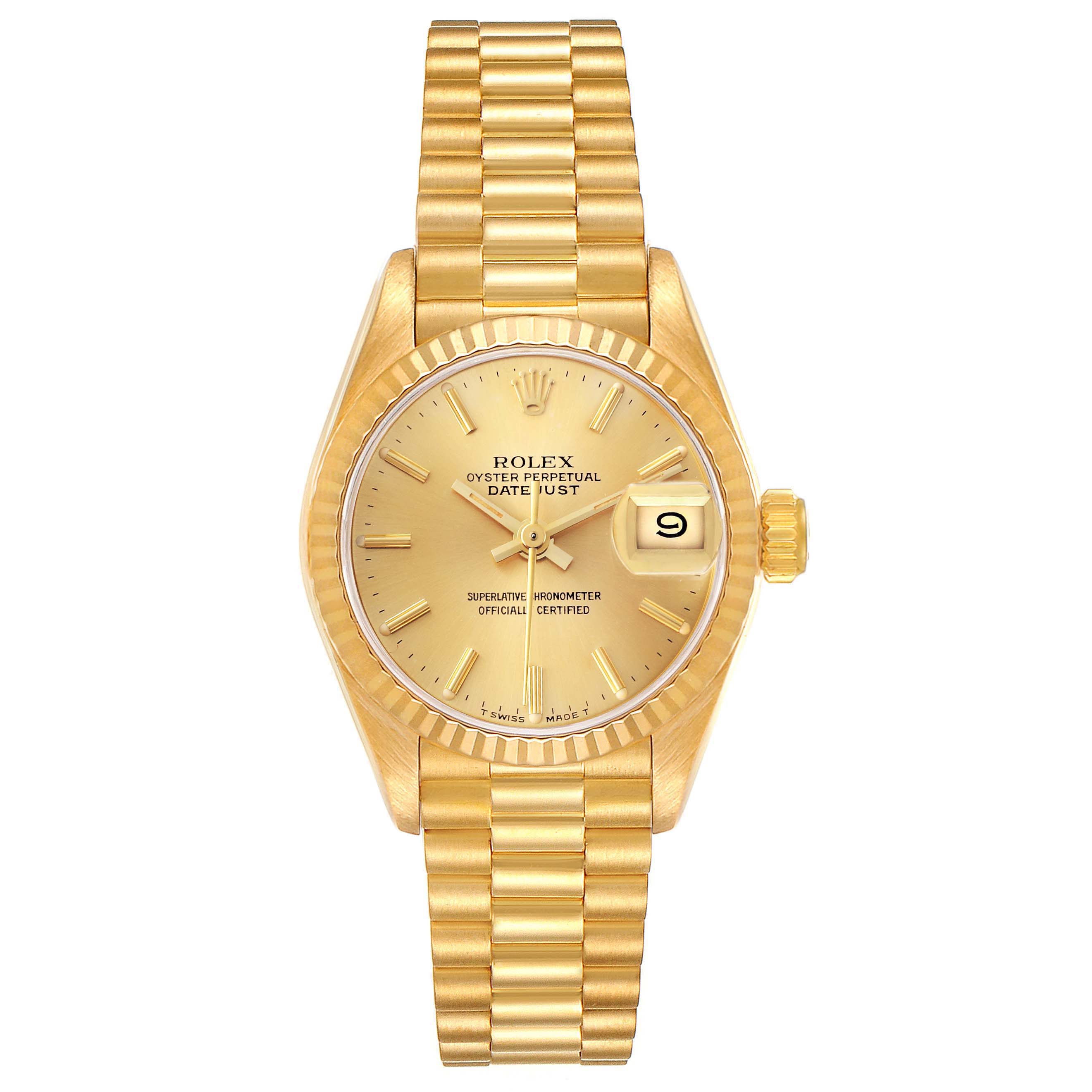 The image shows a front view of a Rolex President 69178 Women's Yellow Gold Champagne Dial 69178 Women's Yellow Gold Champagne Dial model watch, displaying its dial, hands, date window, and bracelet.