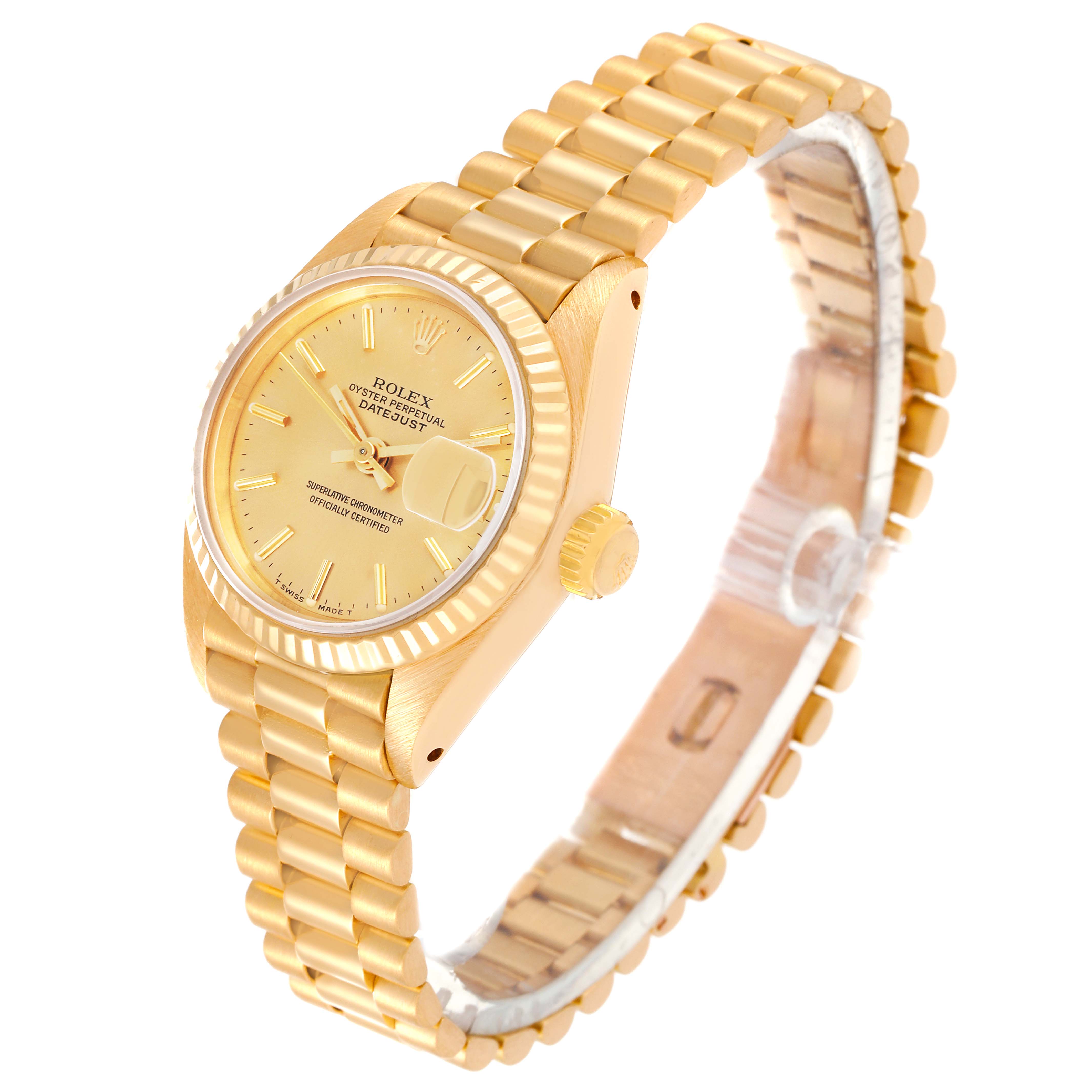 This image shows a Rolex President 69178 Women's Yellow Gold Champagne Dial 69178 Women's Yellow Gold Champagne Dial model watch, highlighting its gold case, bracelet, dial, crown, and fluted bezel at an angled view.