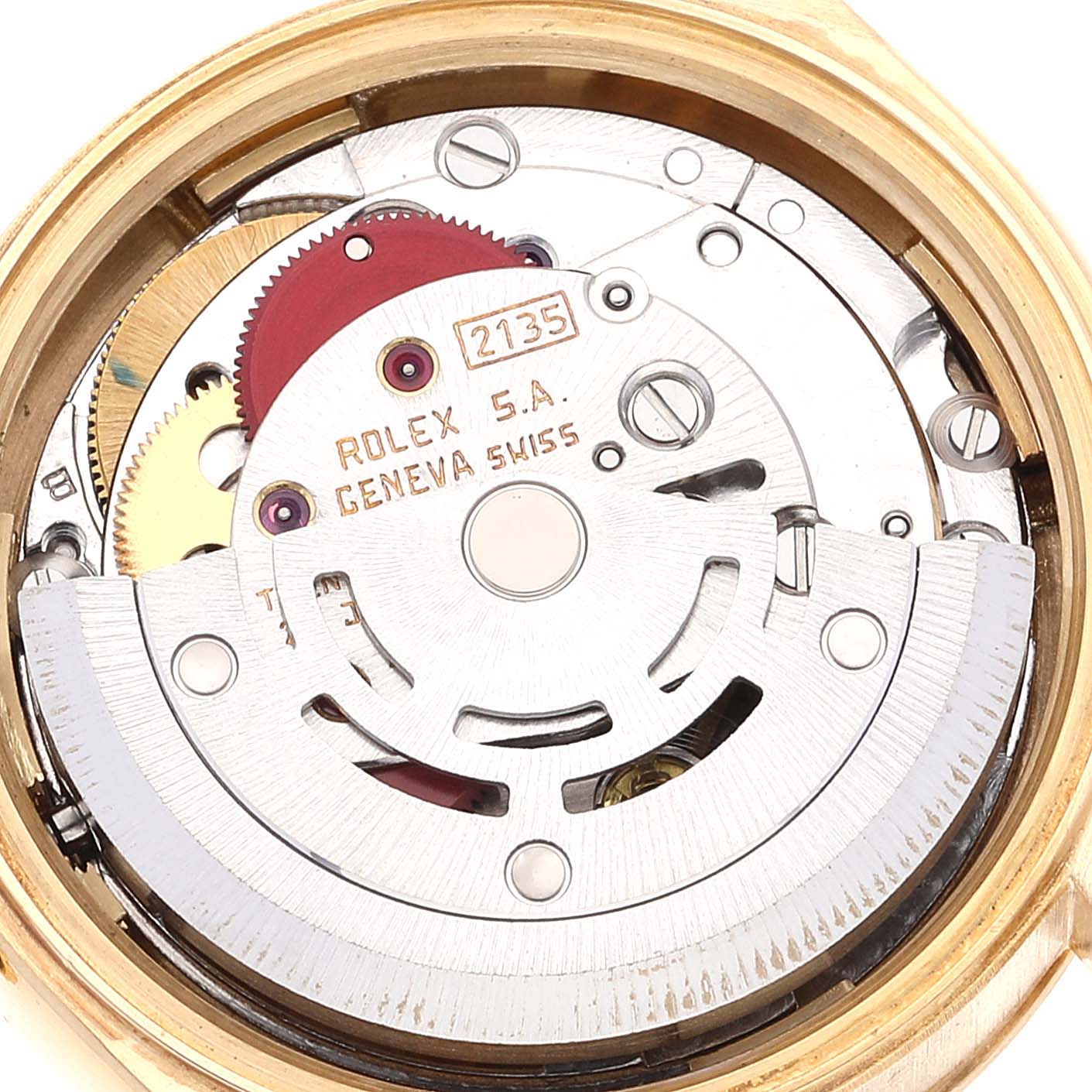 The image shows the internal movement mechanism of the Rolex President 69178 Women's Yellow Gold Champagne Dial 69178 Women's Yellow Gold Champagne Dial model watch, including gears and inscriptions.