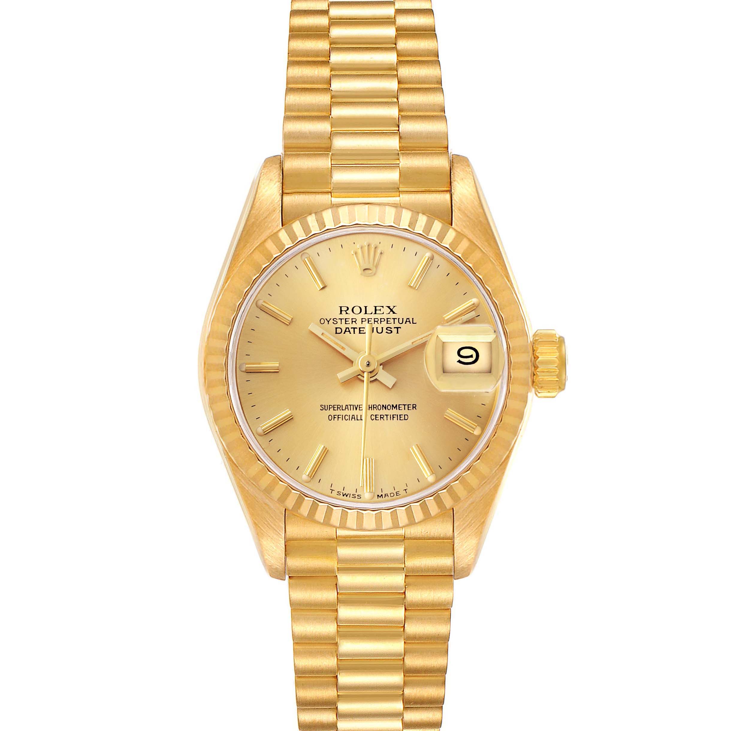 The Rolex President 69178 Women's Yellow Gold Champagne Dial 69178 Women's Yellow Gold Champagne Dial model watch is shown from a top-down angle, displaying the gold dial, case, bracelet, and date window.