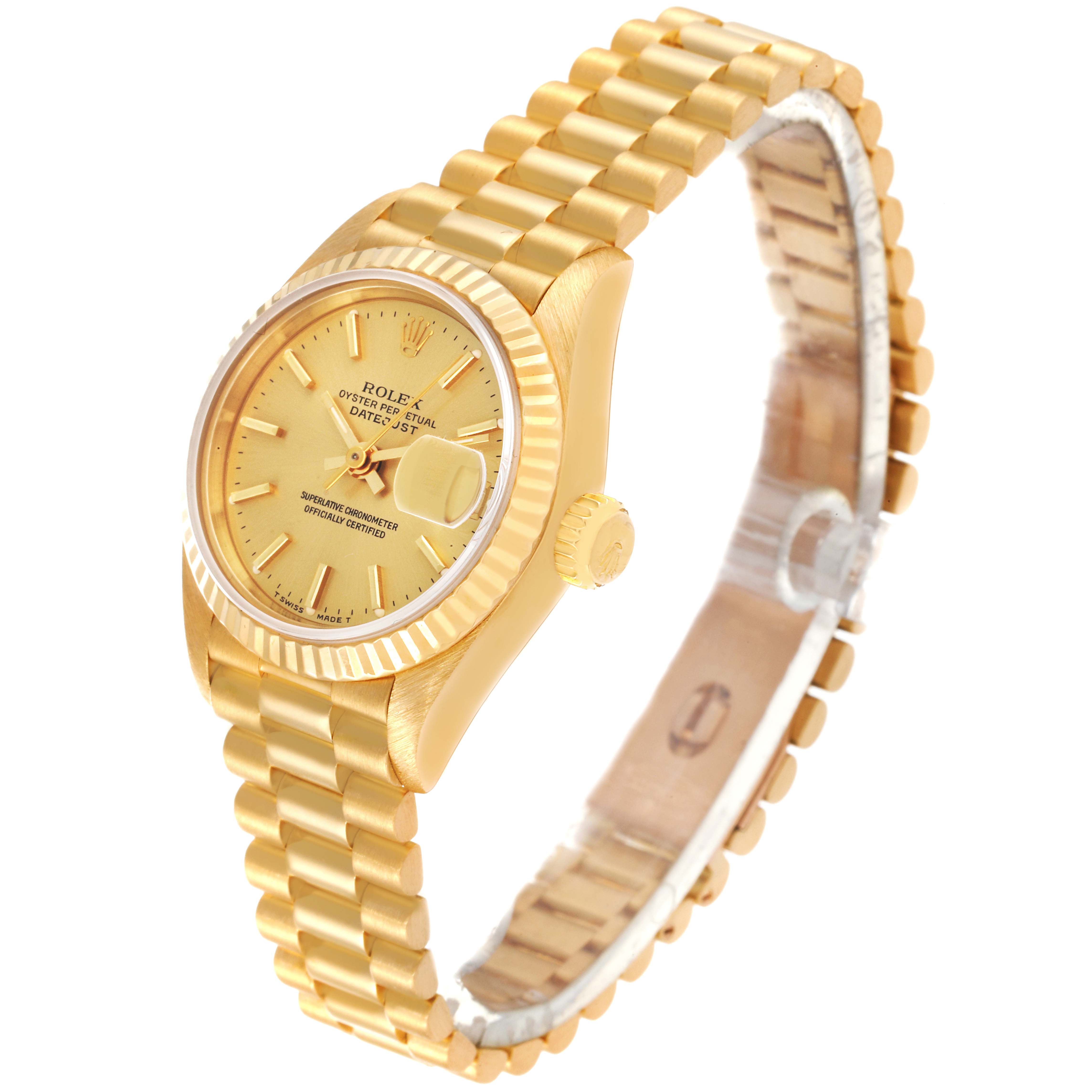 The image shows a side angle view of the Rolex President 69178 Women's Yellow Gold Champagne Dial 69178 Women's Yellow Gold Champagne Dial model watch, highlighting its gold case, bezel, dial, and bracelet.