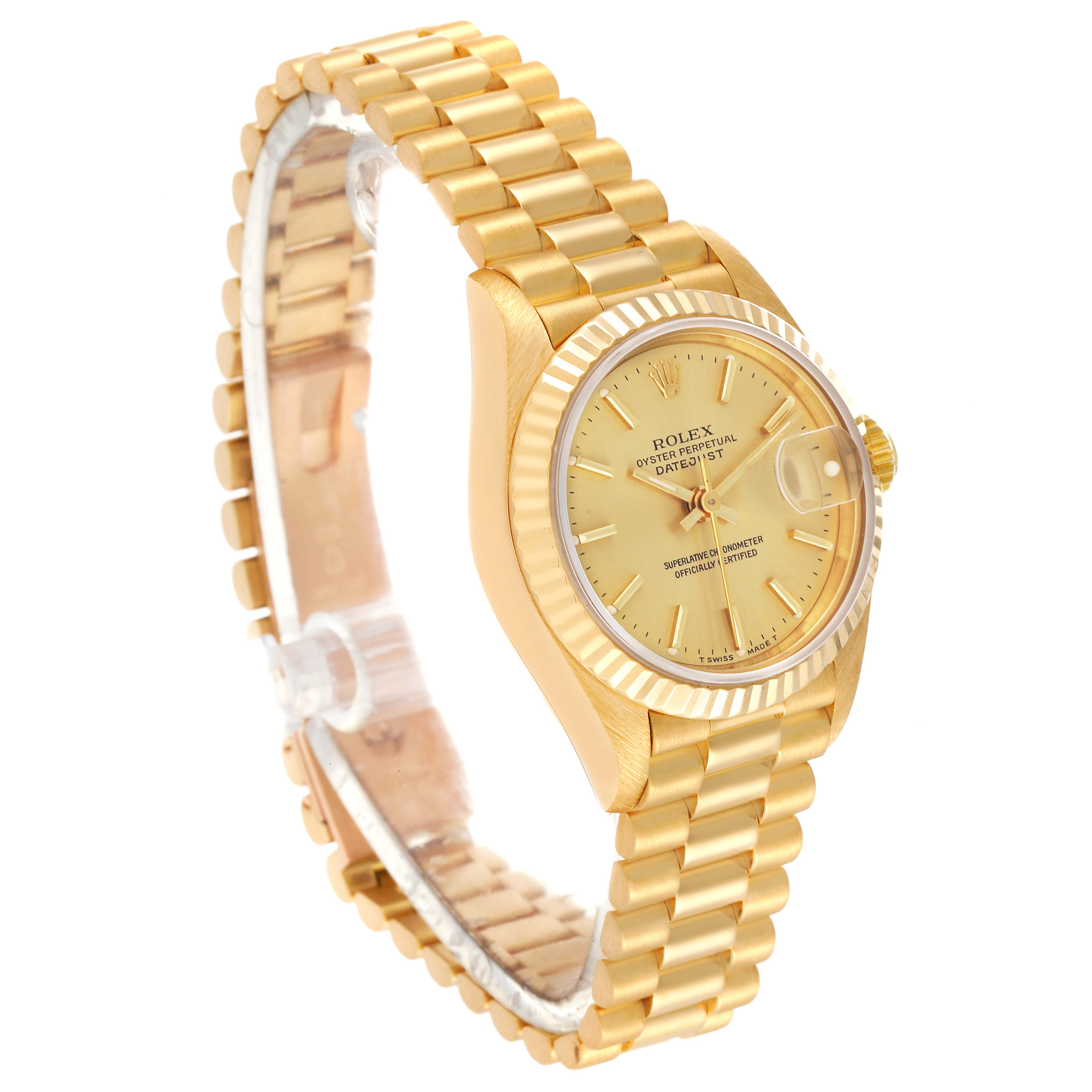 The photo shows a gold Rolex President 69178 Women's Yellow Gold Champagne Dial 69178 Women's Yellow Gold Champagne Dial model watch from an oblique angle, highlighting the dial, bezel, and bracelet.