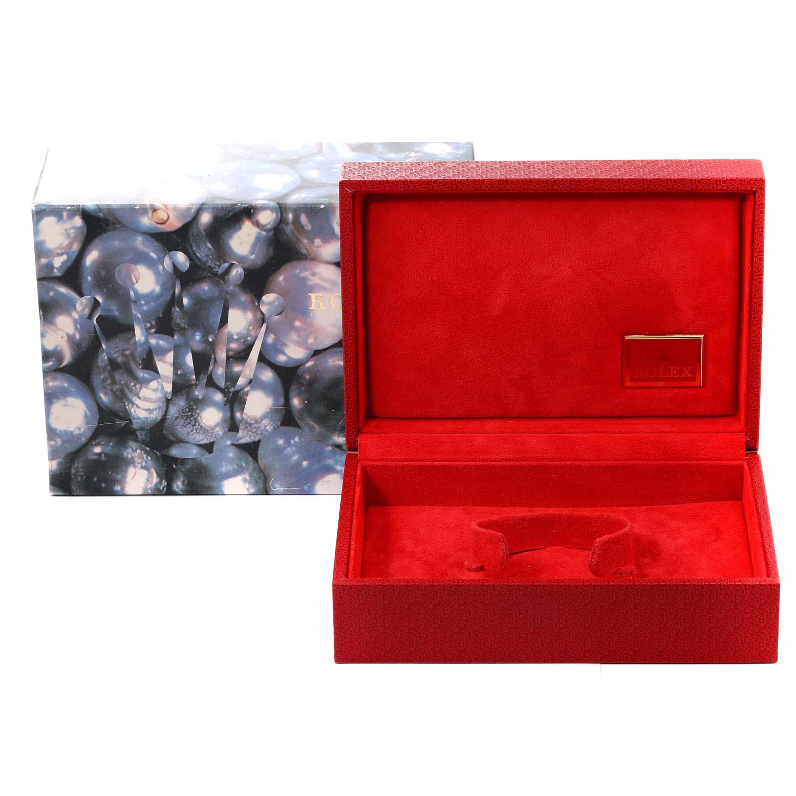 The image shows an open red Rolex watch box and its outer packaging for the President model.