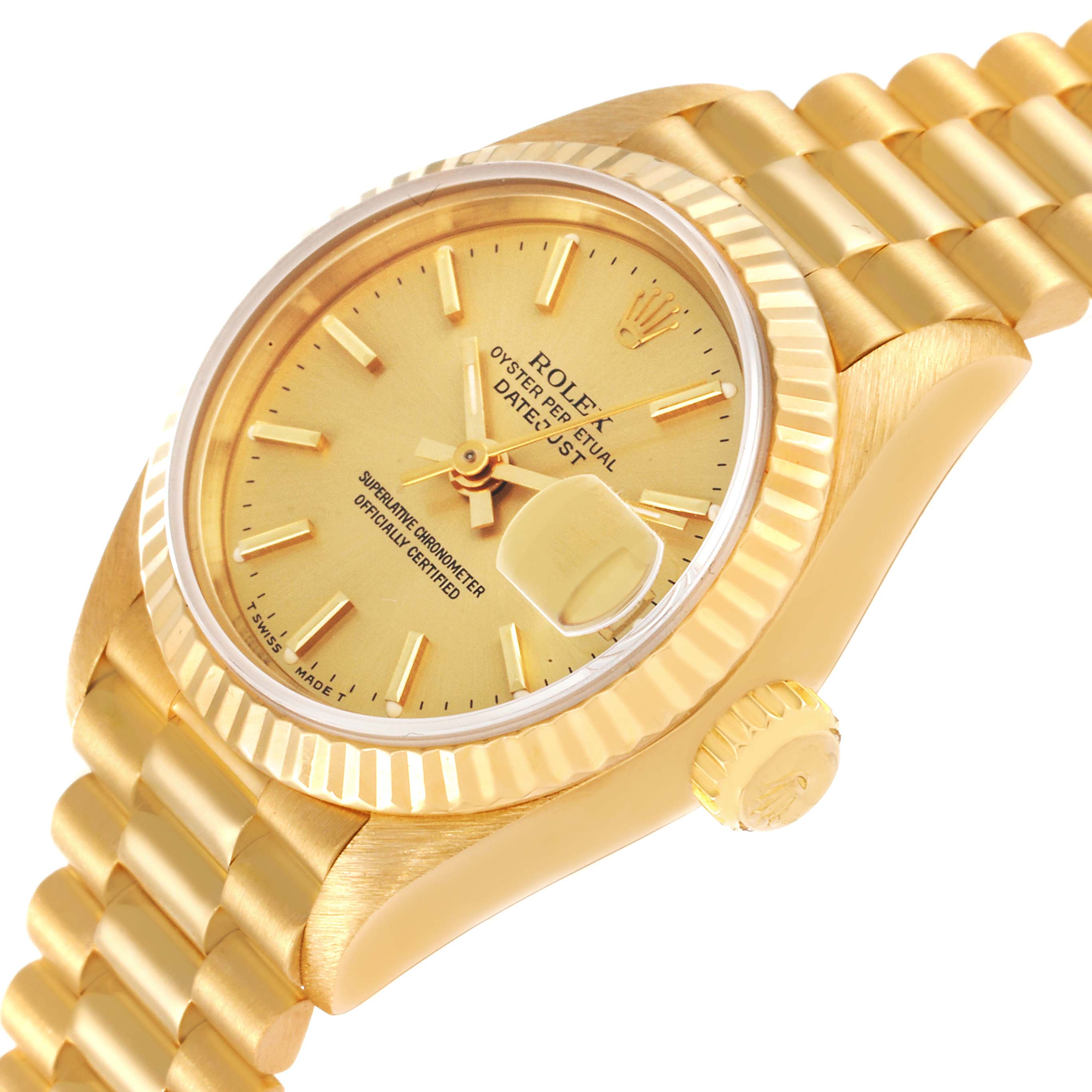 The Rolex President 69178 Women's Yellow Gold Champagne Dial 69178 Women's Yellow Gold Champagne Dial model watch is shown at an angle, displaying the dial, bezel, crown, and part of the bracelet.