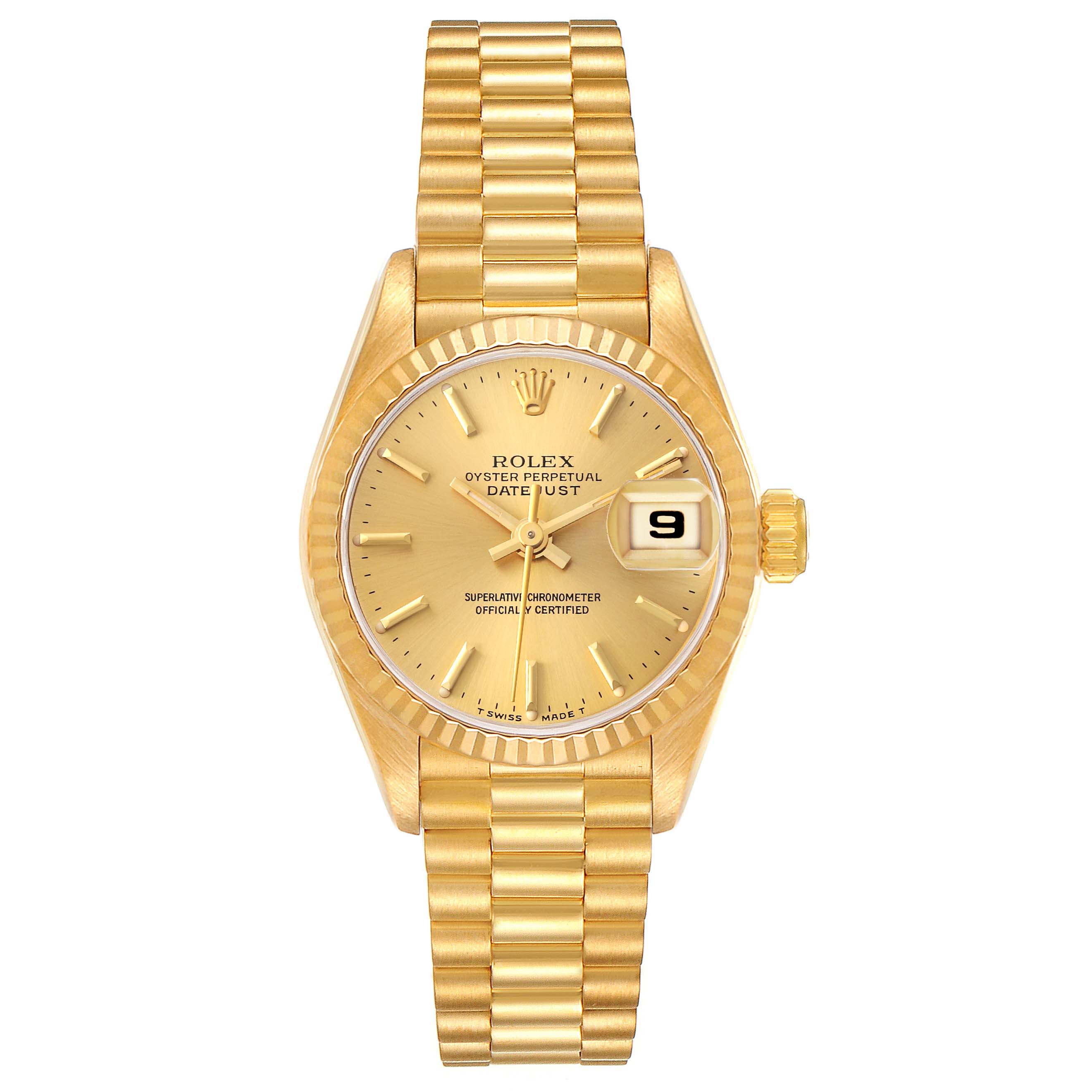 This image shows a front view of a Rolex President 69178 Women's Yellow Gold Champagne Dial 69178 Women's Yellow Gold Champagne Dial model watch, featuring its gold dial, date display, and bracelet.