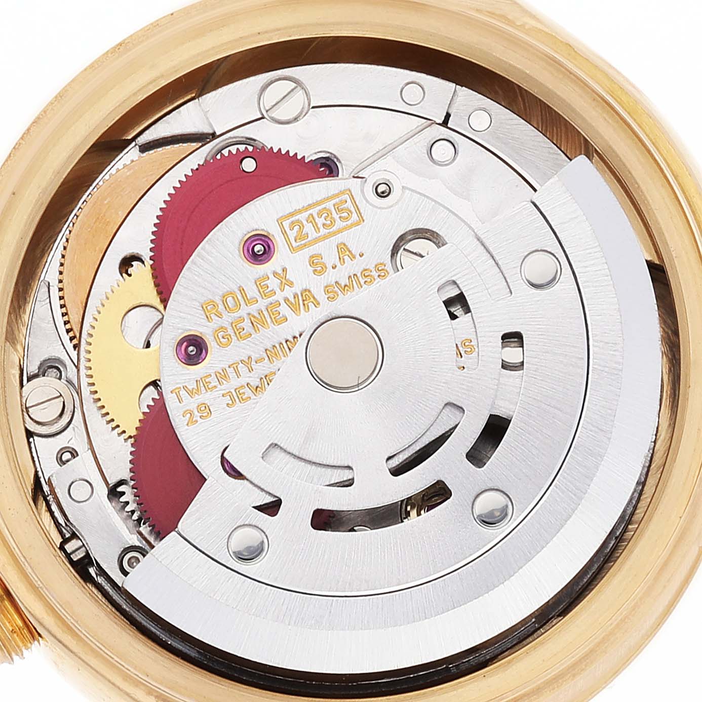 This is an internal view showing the intricate movement mechanism of the Rolex President 69178 Women's Yellow Gold Champagne Dial 69178 Women's Yellow Gold Champagne Dial model.