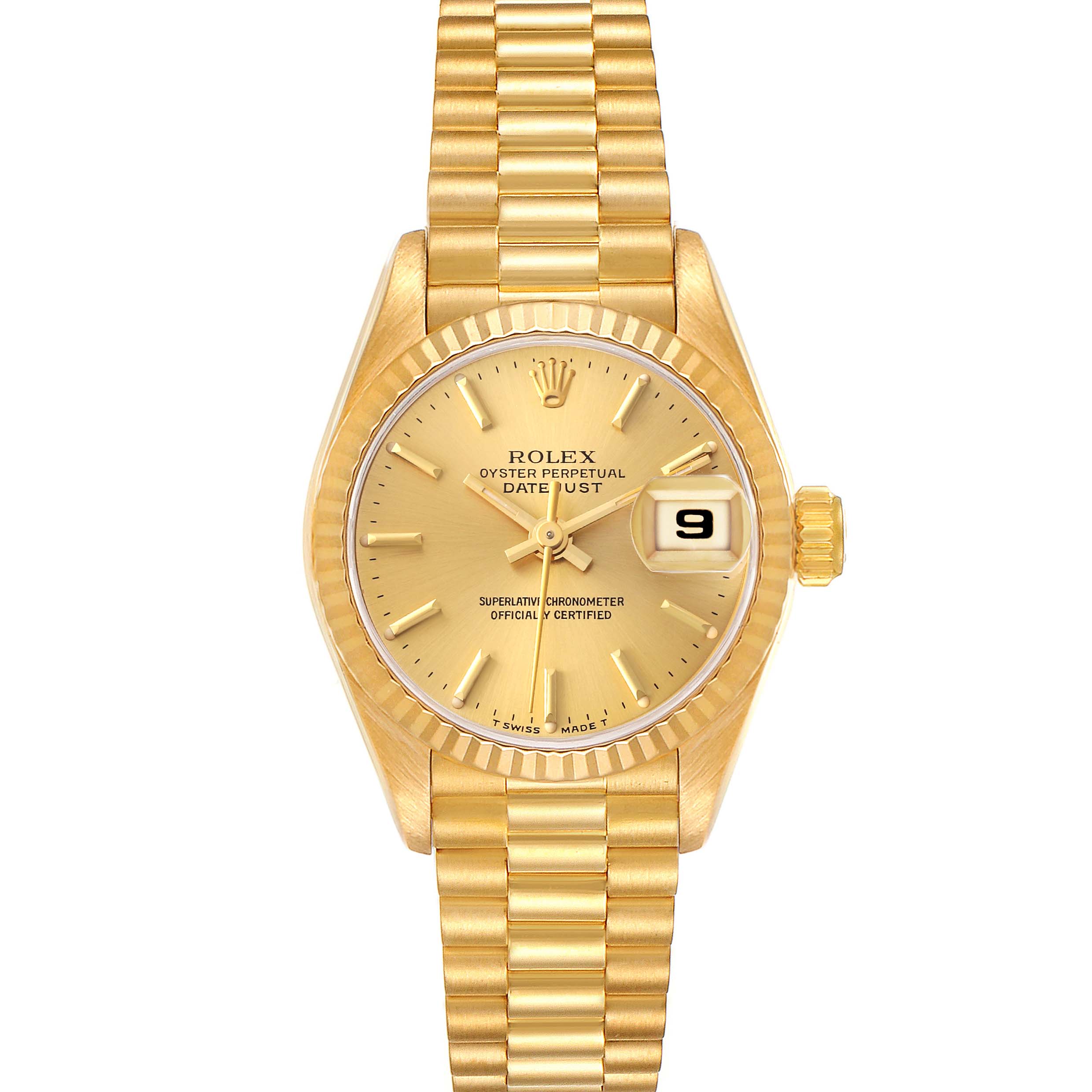 The image shows a front view of a Rolex President 69178 Women's Yellow Gold Champagne Dial 69178 Women's Yellow Gold Champagne Dial model watch, displaying the dial, bezel, crown, and bracelet.