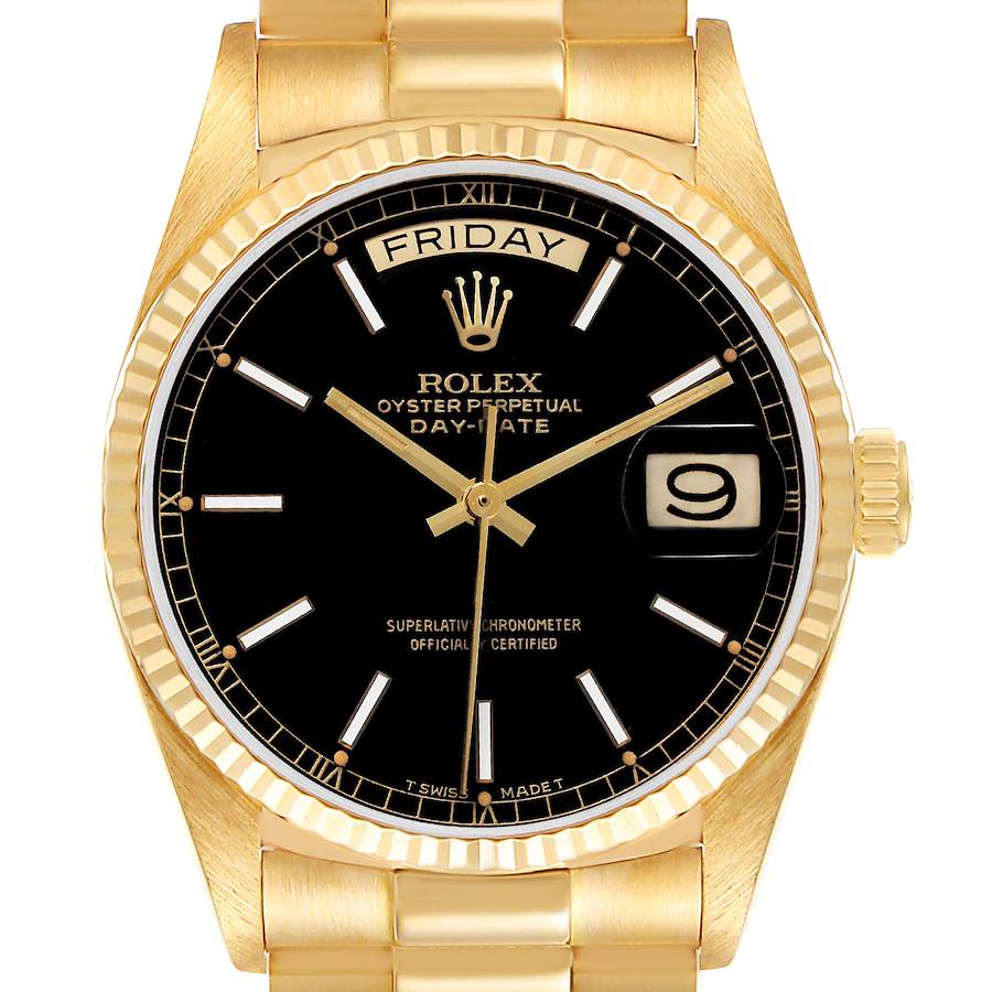 Rolex President Day Date 18k Yellow Gold Black Dial Mens Watch 18038 SwissWatchExpo