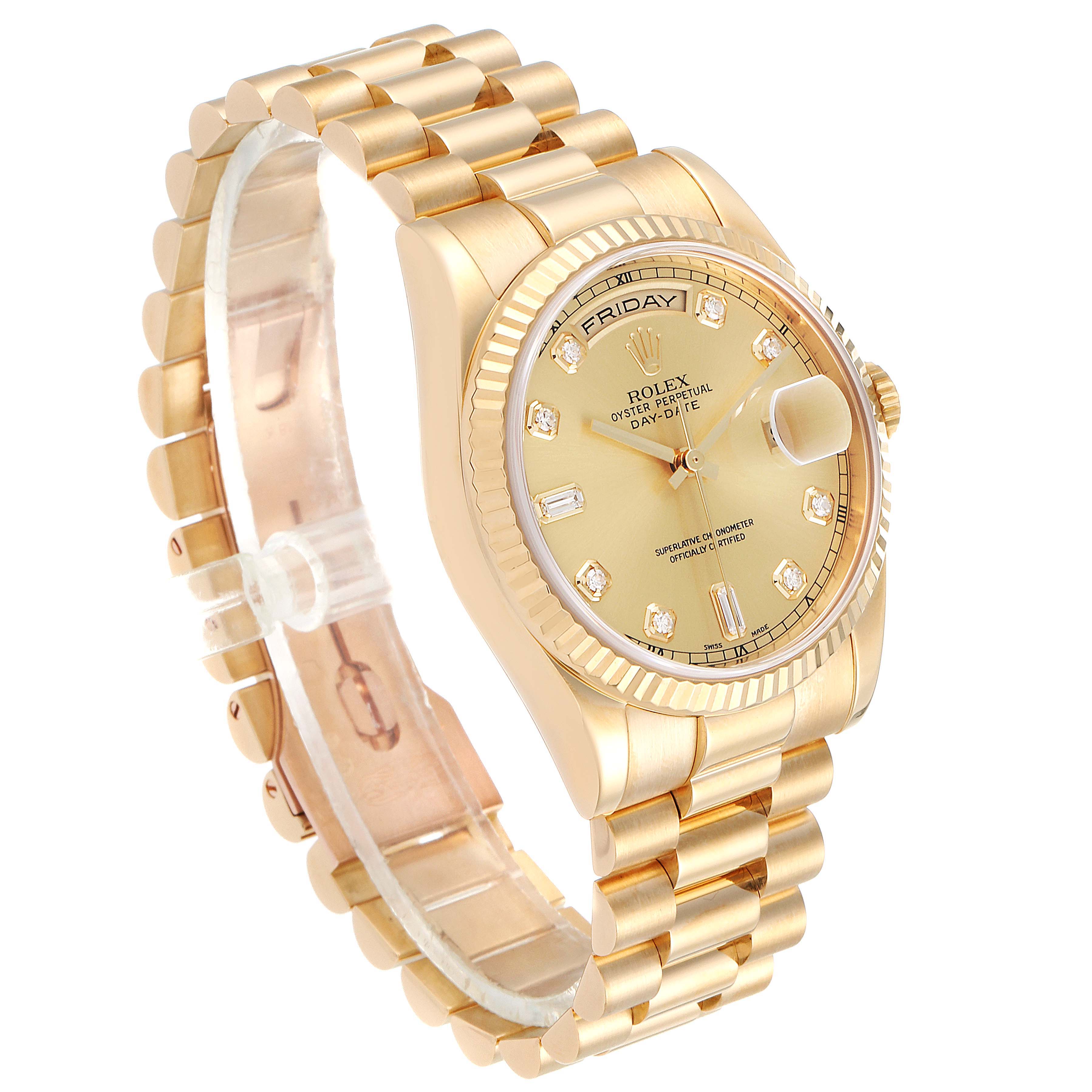 This image shows a side and front angle of the Rolex President 118238 Men
s Yellow Gold Champagne Dial 118238 Men
s Yellow Gold Champagne Dial model watch, highlighting its gold bracelet and dial.