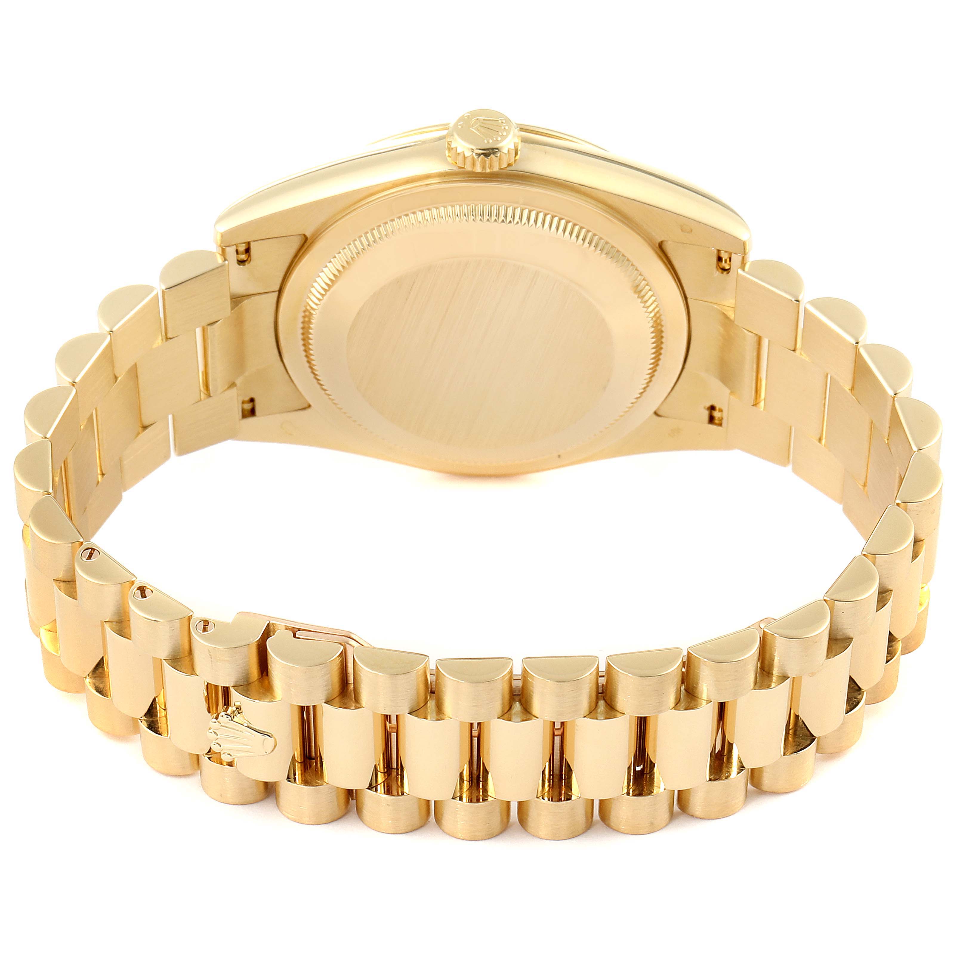 This image shows the back view of the Rolex President 118238 Men
s Yellow Gold Champagne Dial 118238 Men
s Yellow Gold Champagne Dial model watch, highlighting the watch case and bracelet.