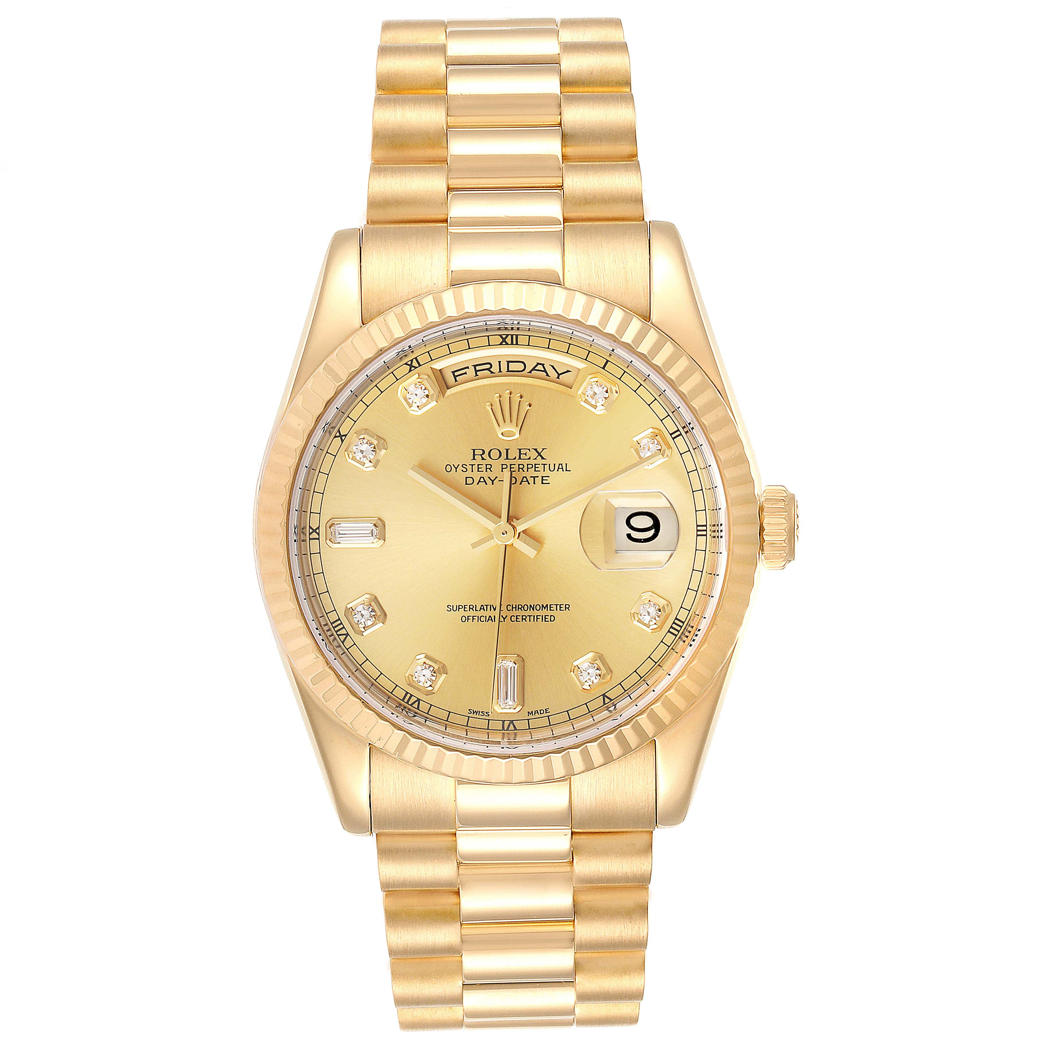The Rolex President 118238 Men
s Yellow Gold Champagne Dial 118238 Men
s Yellow Gold Champagne Dial model watch is shown from a front angle displaying its gold bracelet, dial, and bezel.