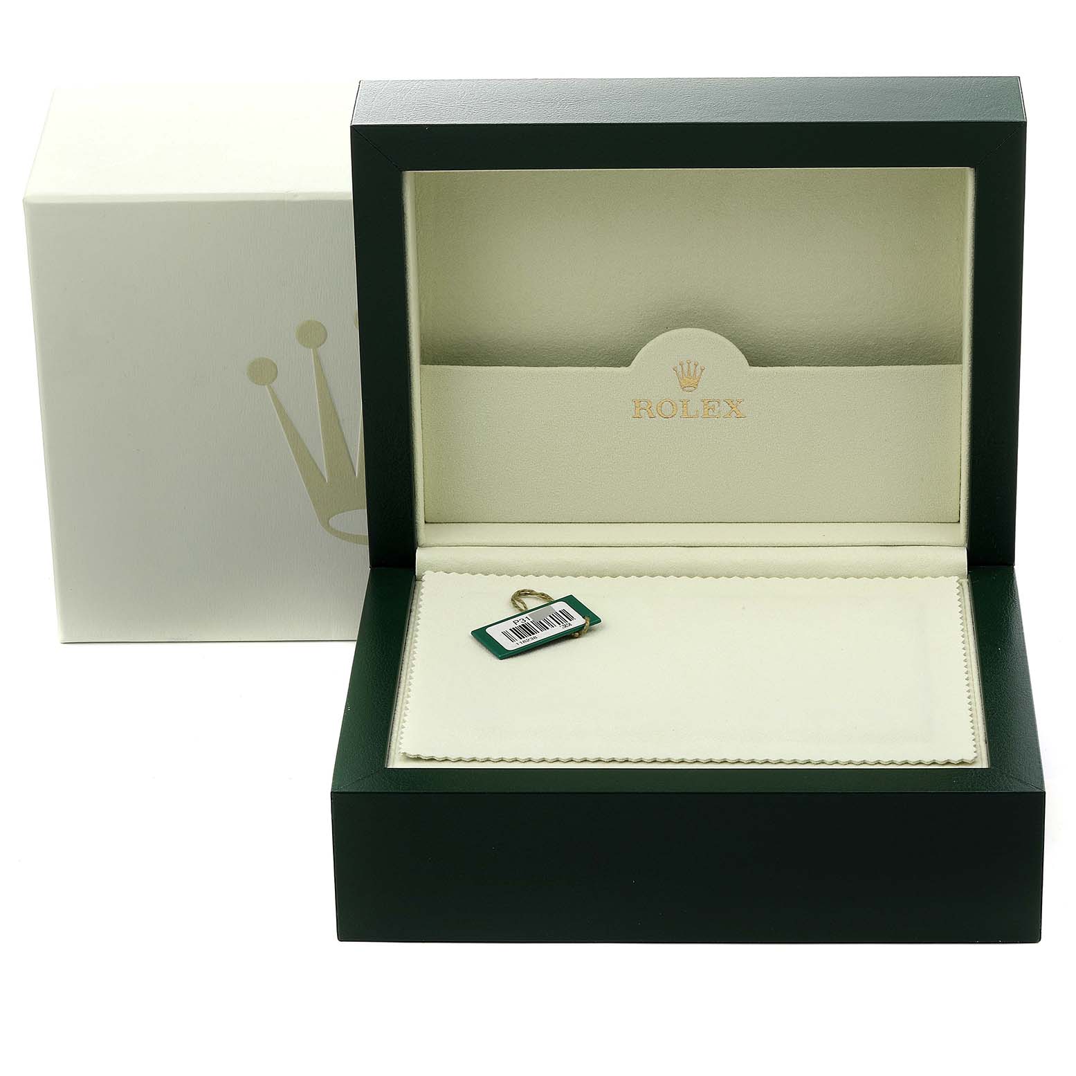 The image shows the open presentation box and interior packaging for a Rolex President 118238 Men
s Yellow Gold Champagne Dial 118238 Men
s Yellow Gold Champagne Dial model watch, featuring the Rolex logo.
