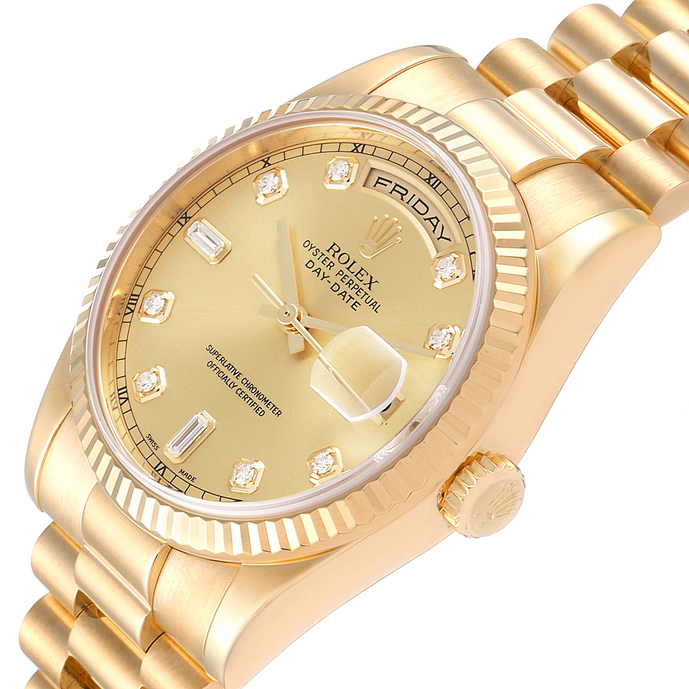 The Rolex President 118238 Men
s Yellow Gold Champagne Dial 118238 Men
s Yellow Gold Champagne Dial model watch is shown at an angled view displaying the dial, bracelet, and crown.
