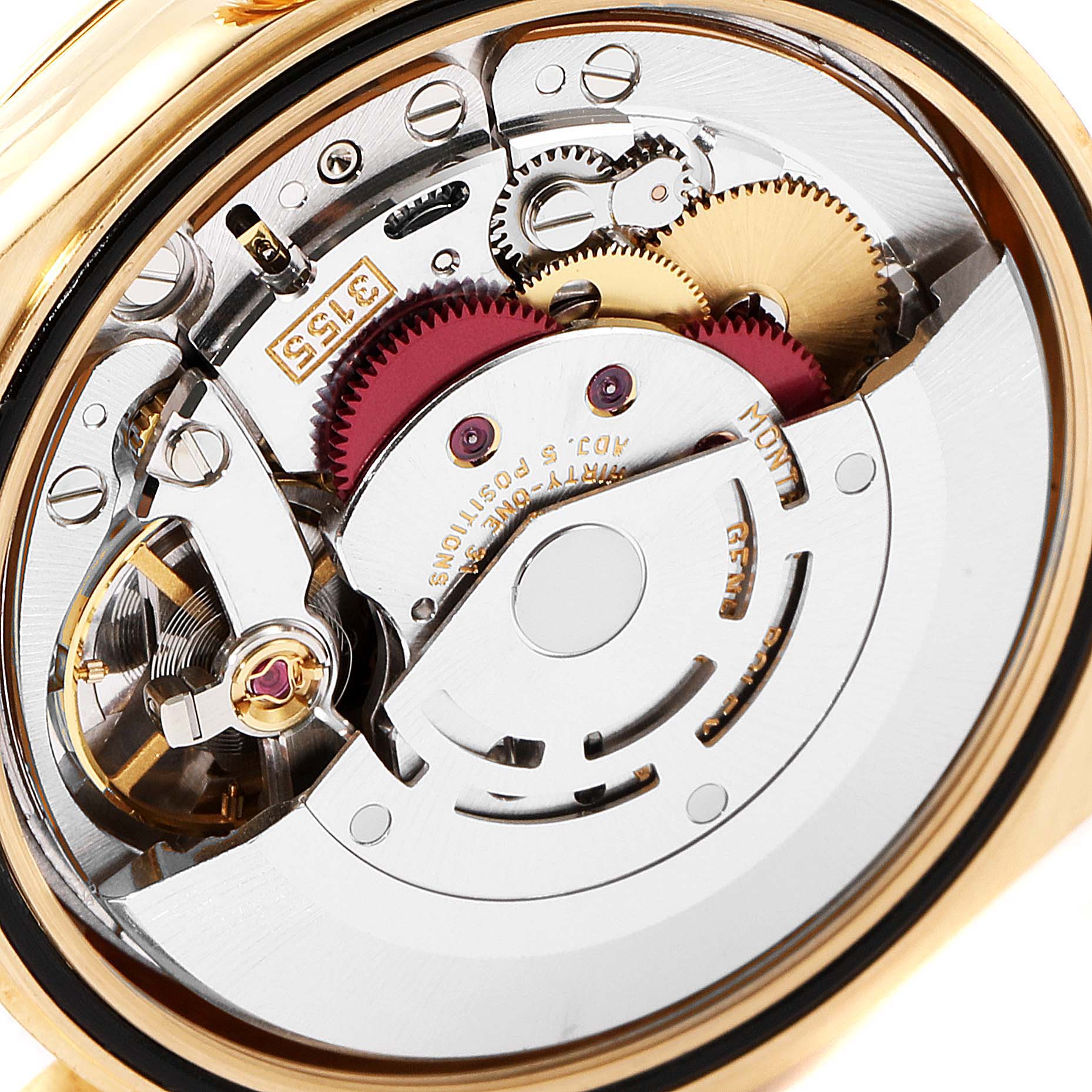 This image shows the inner mechanical movement of a Rolex President 118238 Men
s Yellow Gold Champagne Dial 118238 Men
s Yellow Gold Champagne Dial model watch from a close-up angle.