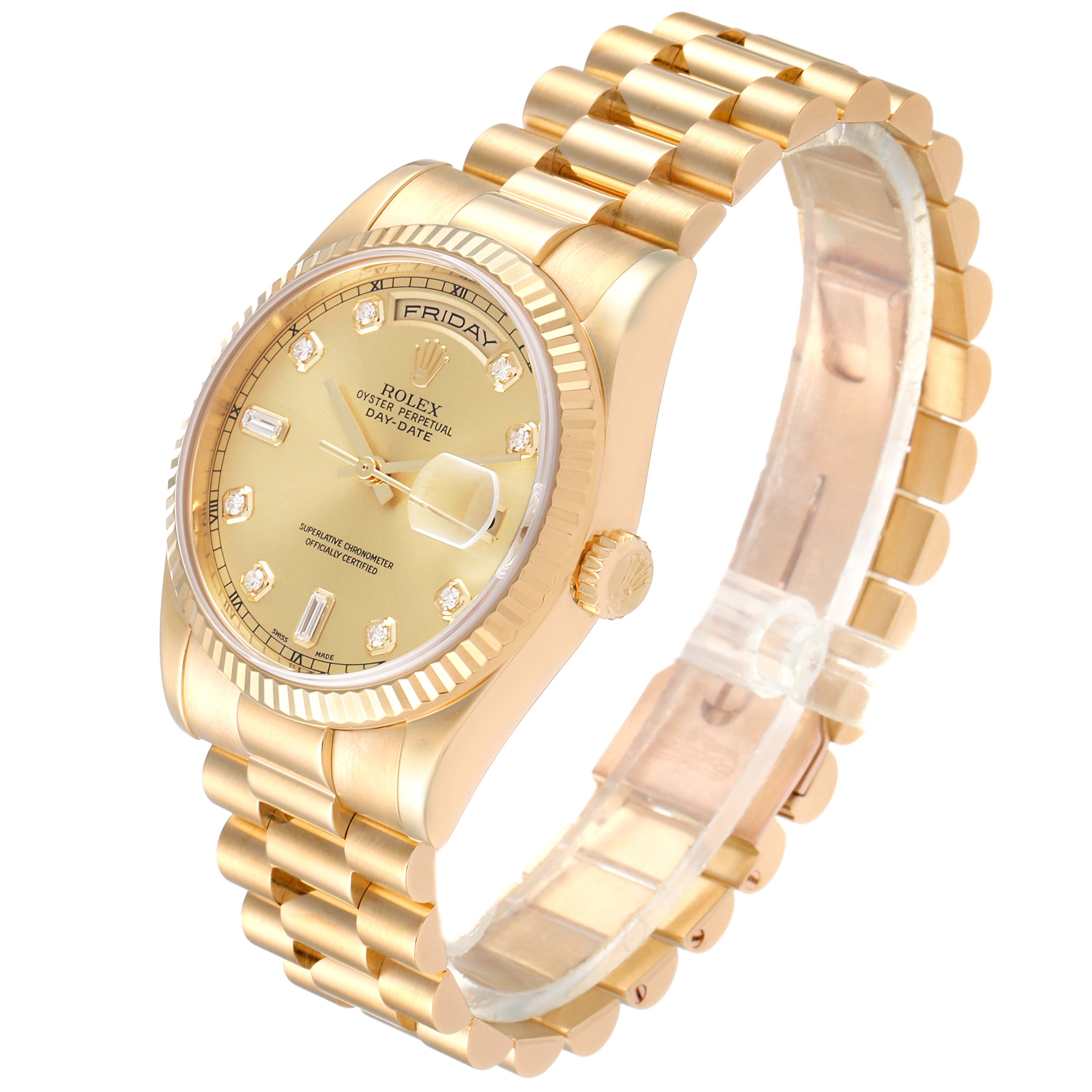 This image shows a side-angle view of a gold Rolex President 118238 Men
s Yellow Gold Champagne Dial 118238 Men
s Yellow Gold Champagne Dial model watch, displaying the face, bracelet, and crown.