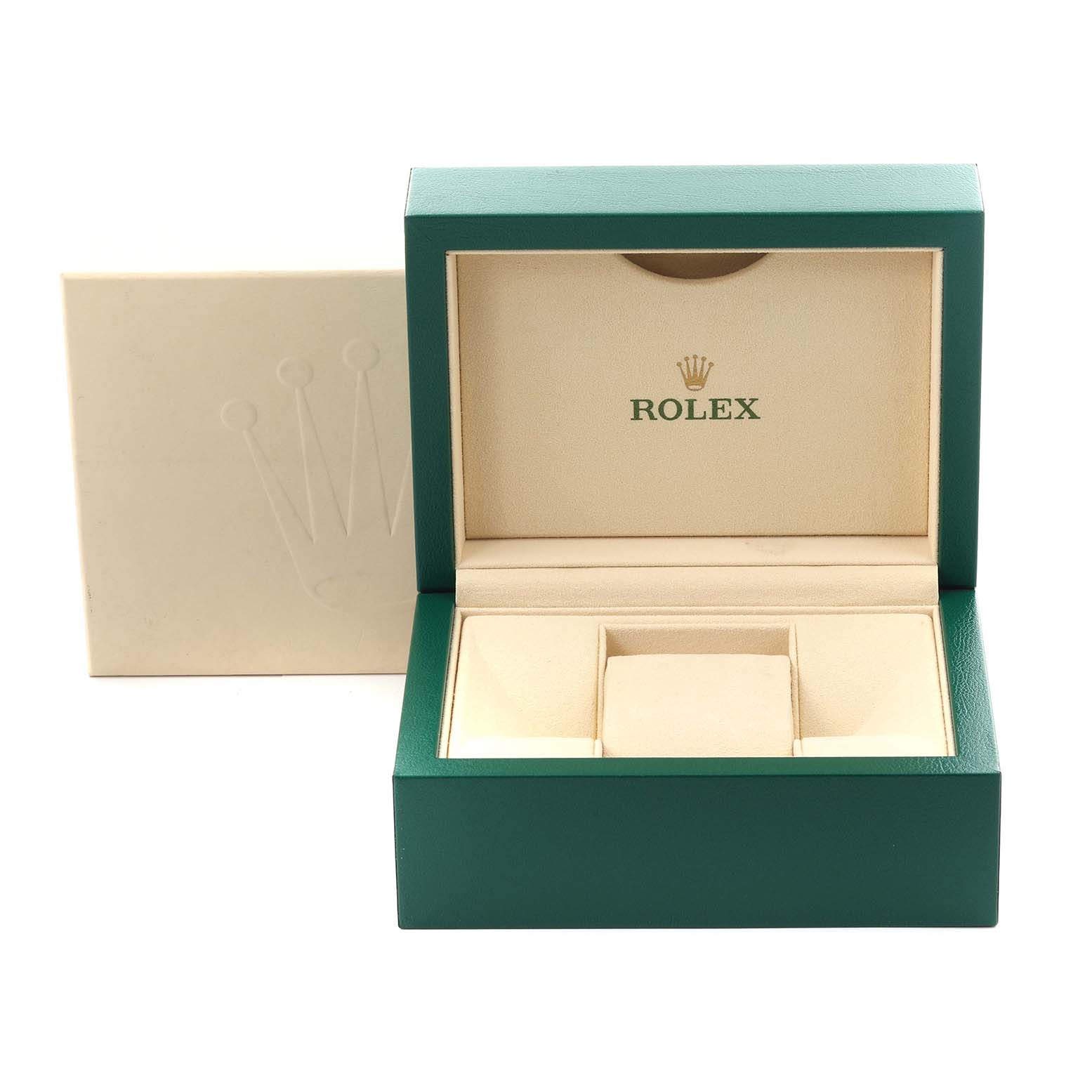 This image shows a Rolex Submariner 126613LN Men's Steel and Gold (two tone) Black Dial 126613LN Men's Steel and Gold (two tone) Black Dial watch box and its outer packaging at a front angle.
