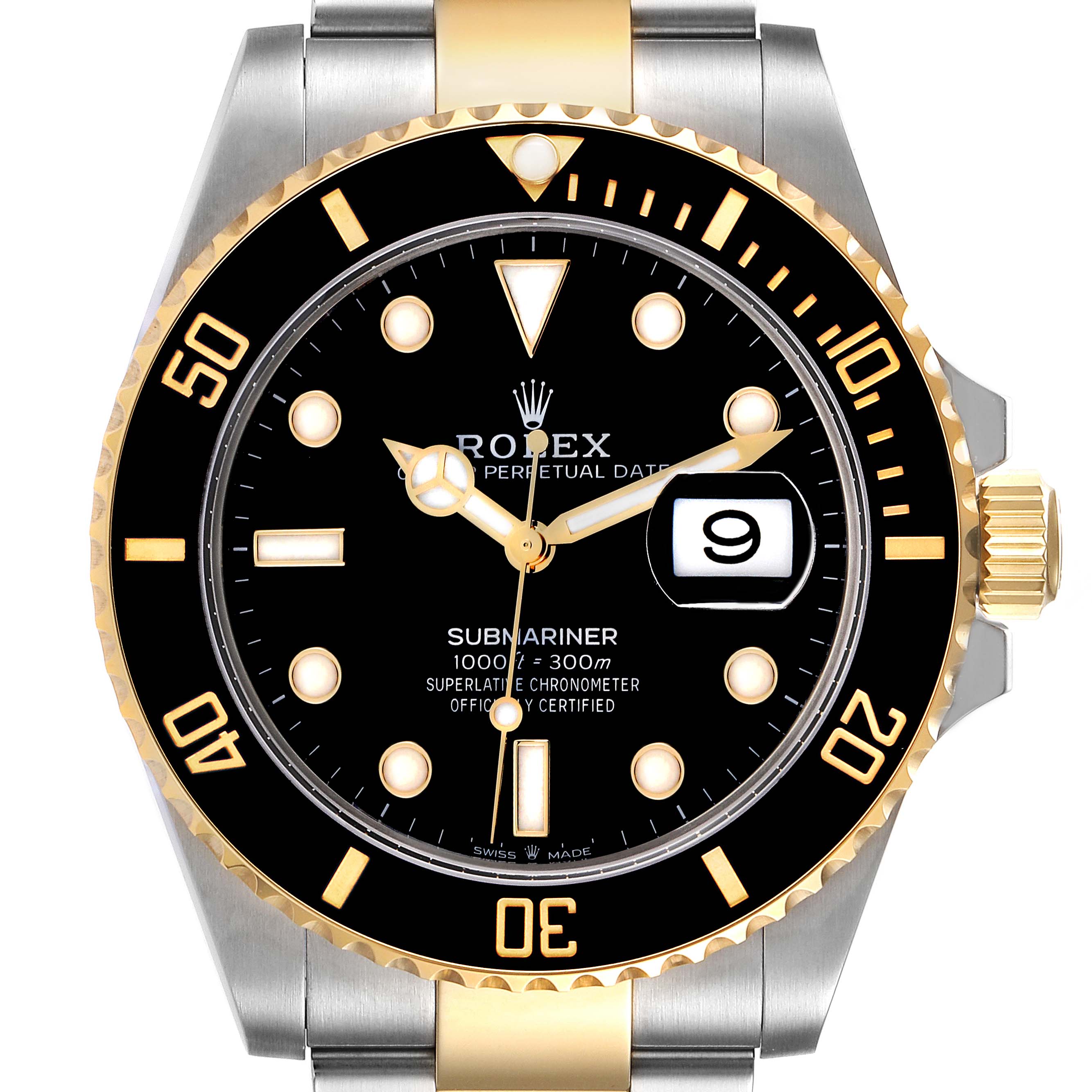 The image shows a front view of a Rolex Submariner 126613LN Men's Steel and Gold (two tone) Black Dial 126613LN Men's Steel and Gold (two tone) Black Dial, highlighting the dial, bezel, and bracelet.