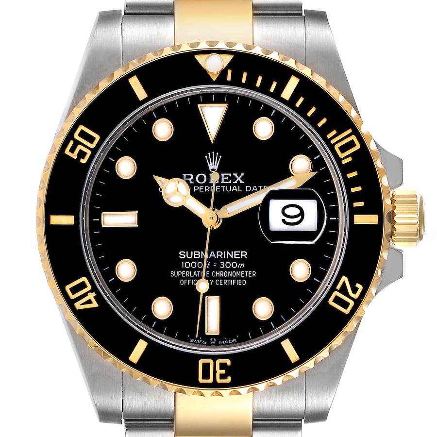 The image shows a front view of a Rolex Submariner, highlighting the dial, bezel, and bracelet.