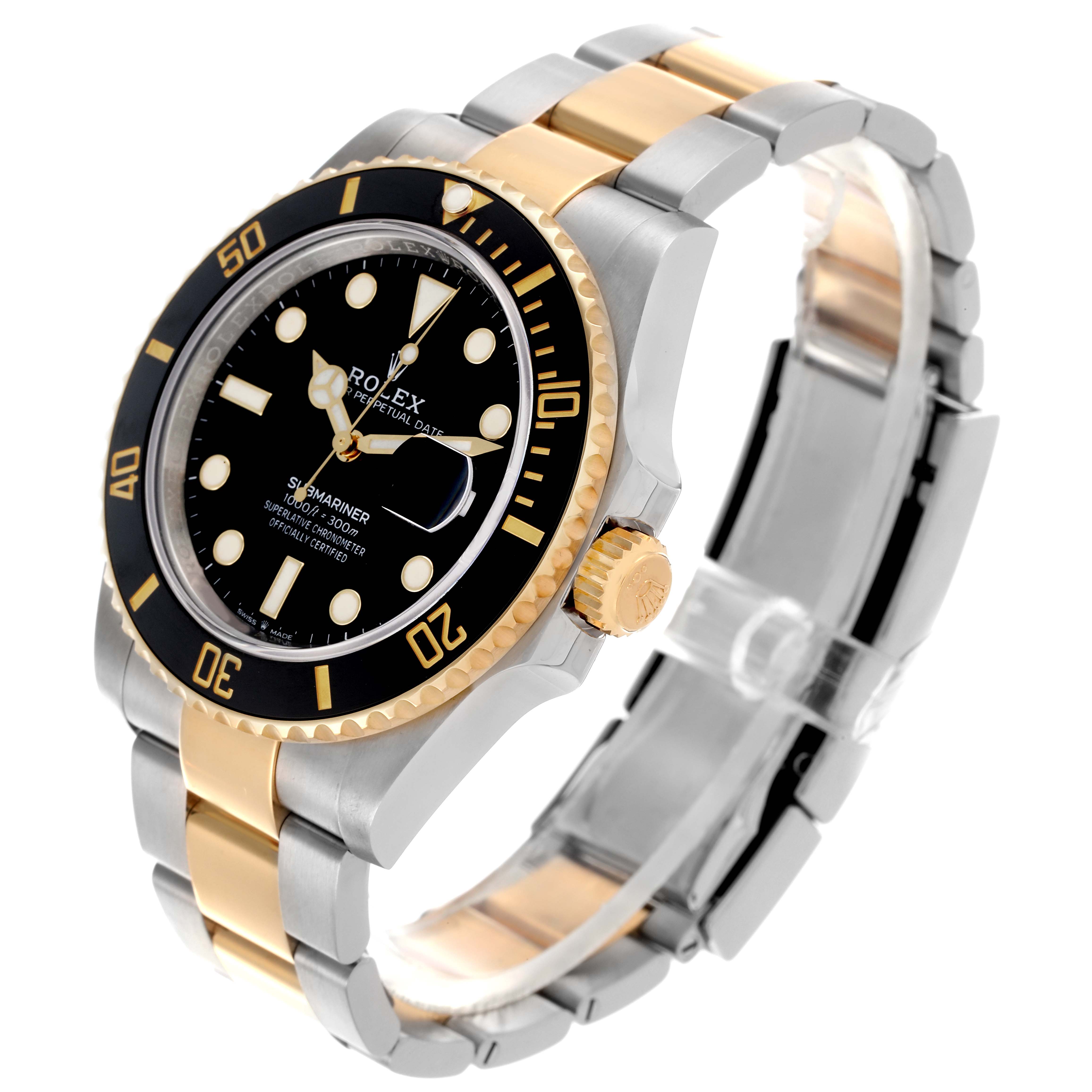 The Rolex Submariner 126613LN Men's Steel and Gold (two tone) Black Dial 126613LN Men's Steel and Gold (two tone) Black Dial watch is shown at a three-quarter angle, highlighting the face, bezel, and two-tone bracelet.