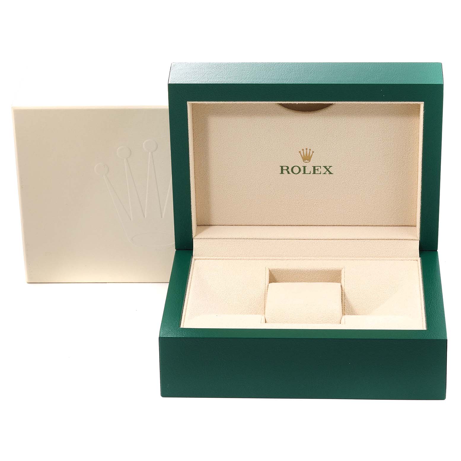 The image shows an open Rolex Submariner 114060 Men's Stainless Steel Black Dial 114060 Men's Stainless Steel Black Dial watch box, displaying its interior padding and compartments for the watch.