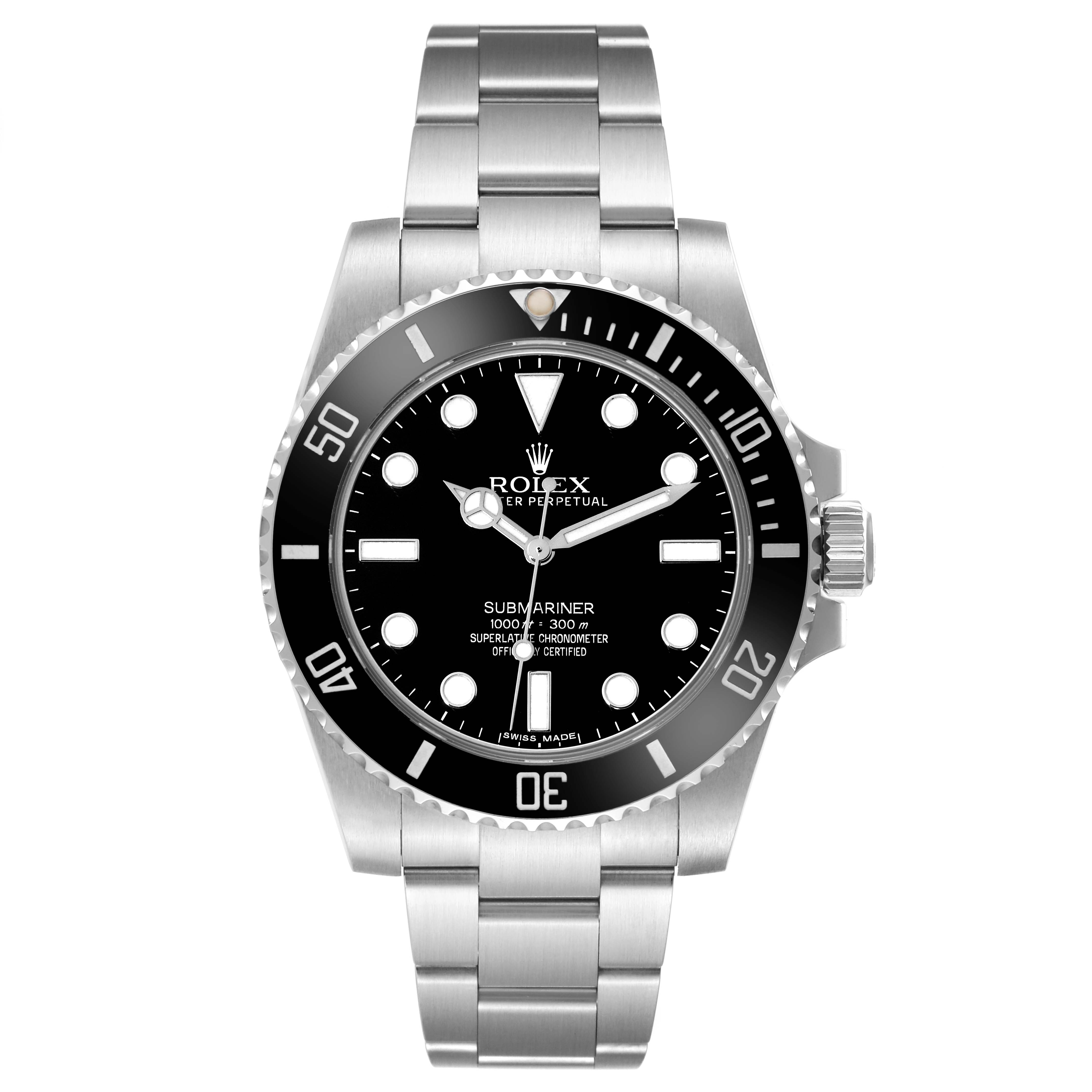 The image shows a front view of the Rolex Submariner 114060 Men's Stainless Steel Black Dial 114060 Men's Stainless Steel Black Dial watch, highlighting its dial, bezel, and bracelet.
