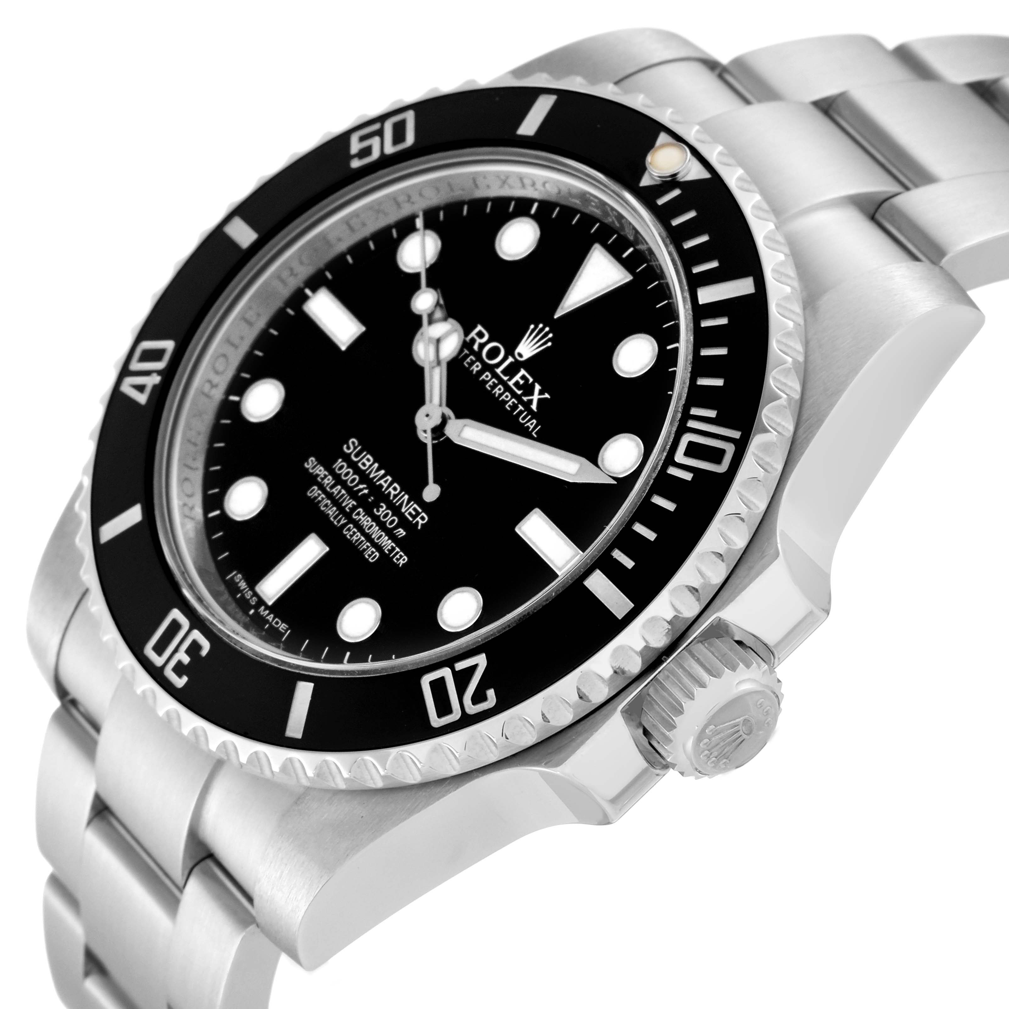 The image shows a side and partial front angle of the Rolex Submariner 114060 Men's Stainless Steel Black Dial 114060 Men's Stainless Steel Black Dial, highlighting its dial, bezel, and bracelet.