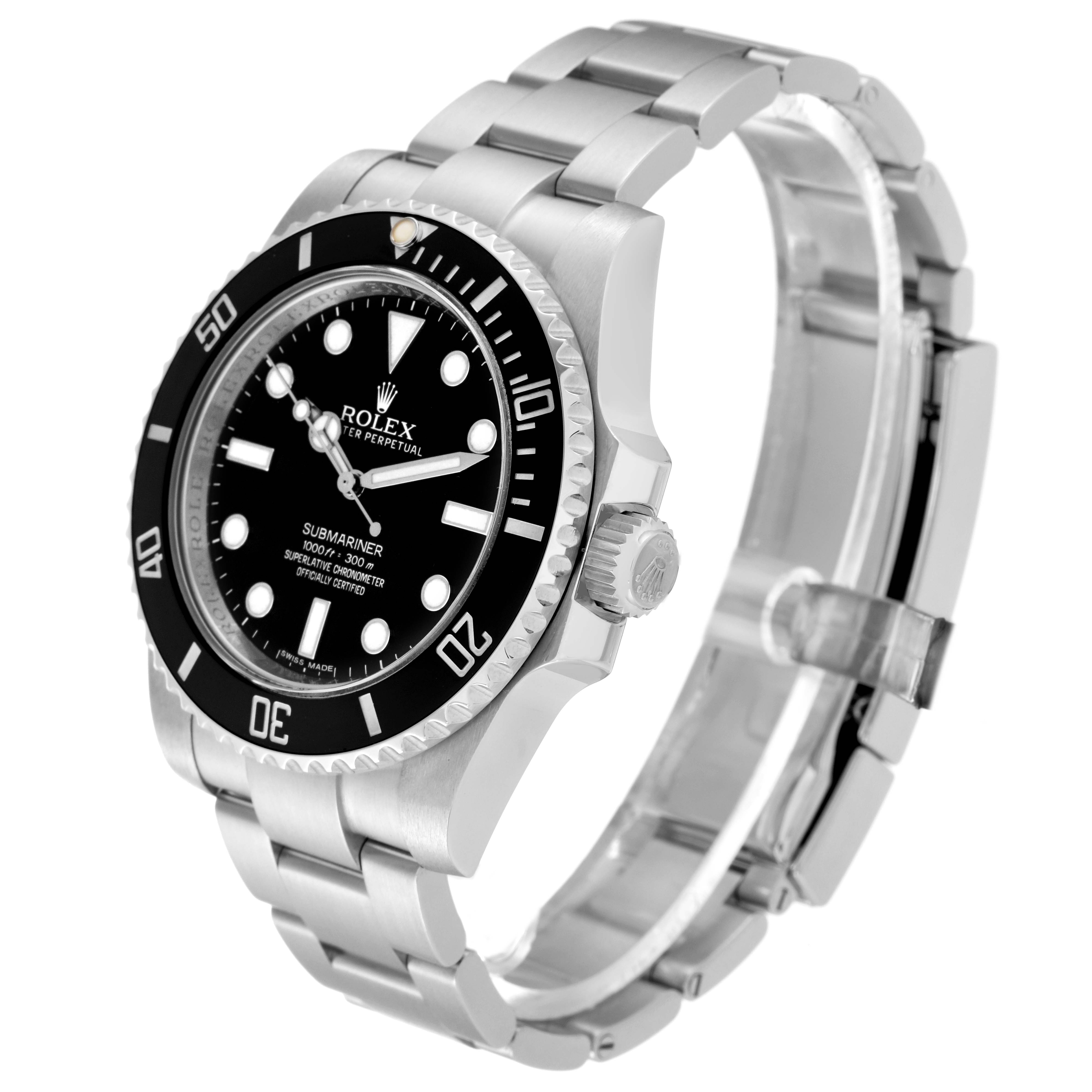 The Rolex Submariner 114060 Men's Stainless Steel Black Dial 114060 Men's Stainless Steel Black Dial is shown at a slight angle, highlighting the black dial, bezel, and stainless steel bracelet.