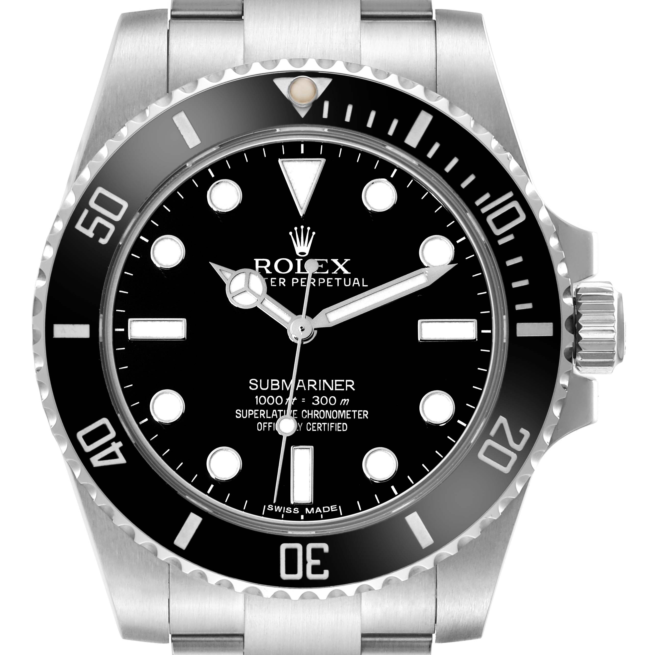 The image shows the front view of a Rolex Submariner 114060 Men's Stainless Steel Black Dial 114060 Men's Stainless Steel Black Dial watch, featuring the dial, bezel, crown, and part of the stainless steel bracelet.