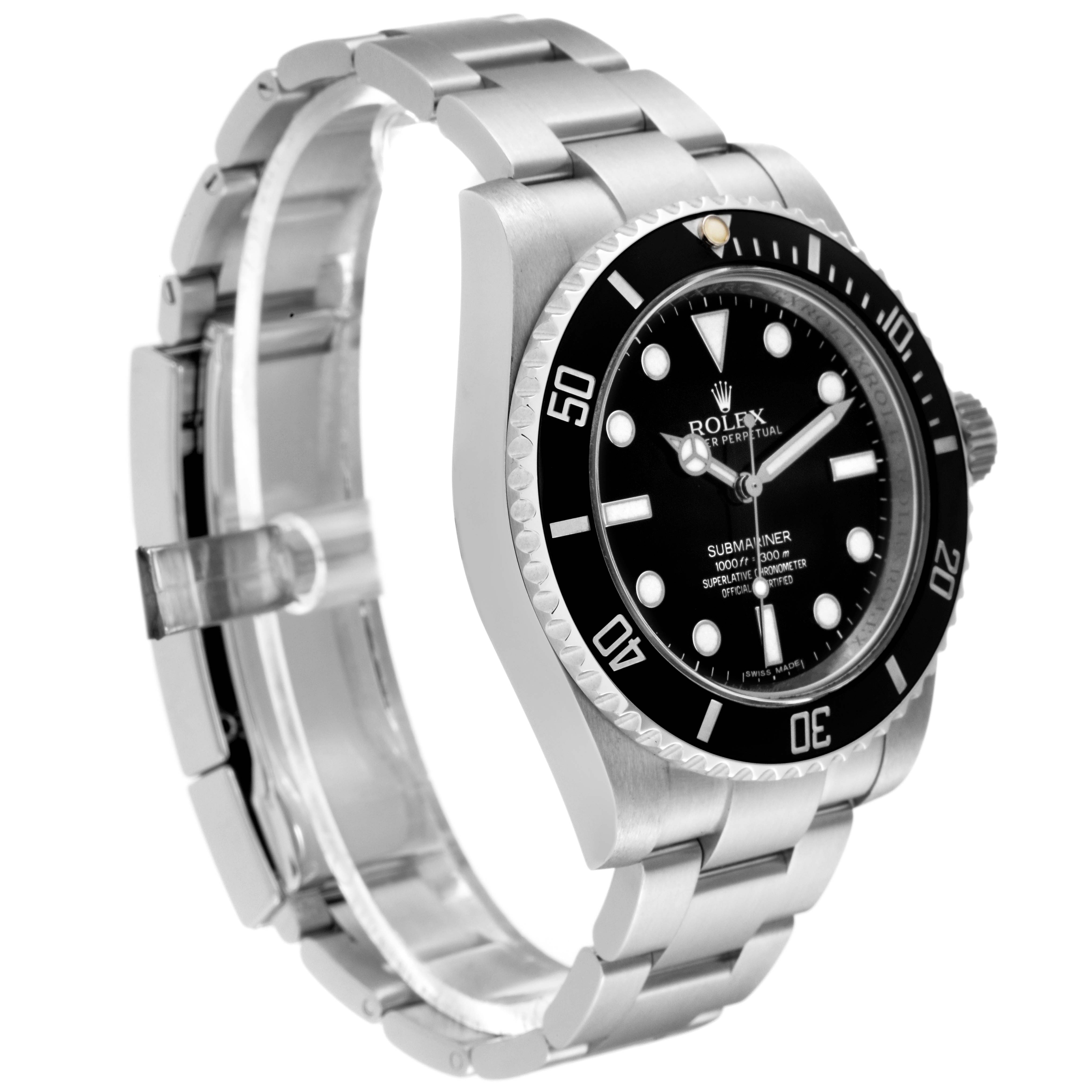 This image shows a left-side angle view of the Rolex Submariner 114060 Men's Stainless Steel Black Dial 114060 Men's Stainless Steel Black Dial watch, highlighting the case, bezel, bracelet, and dial.