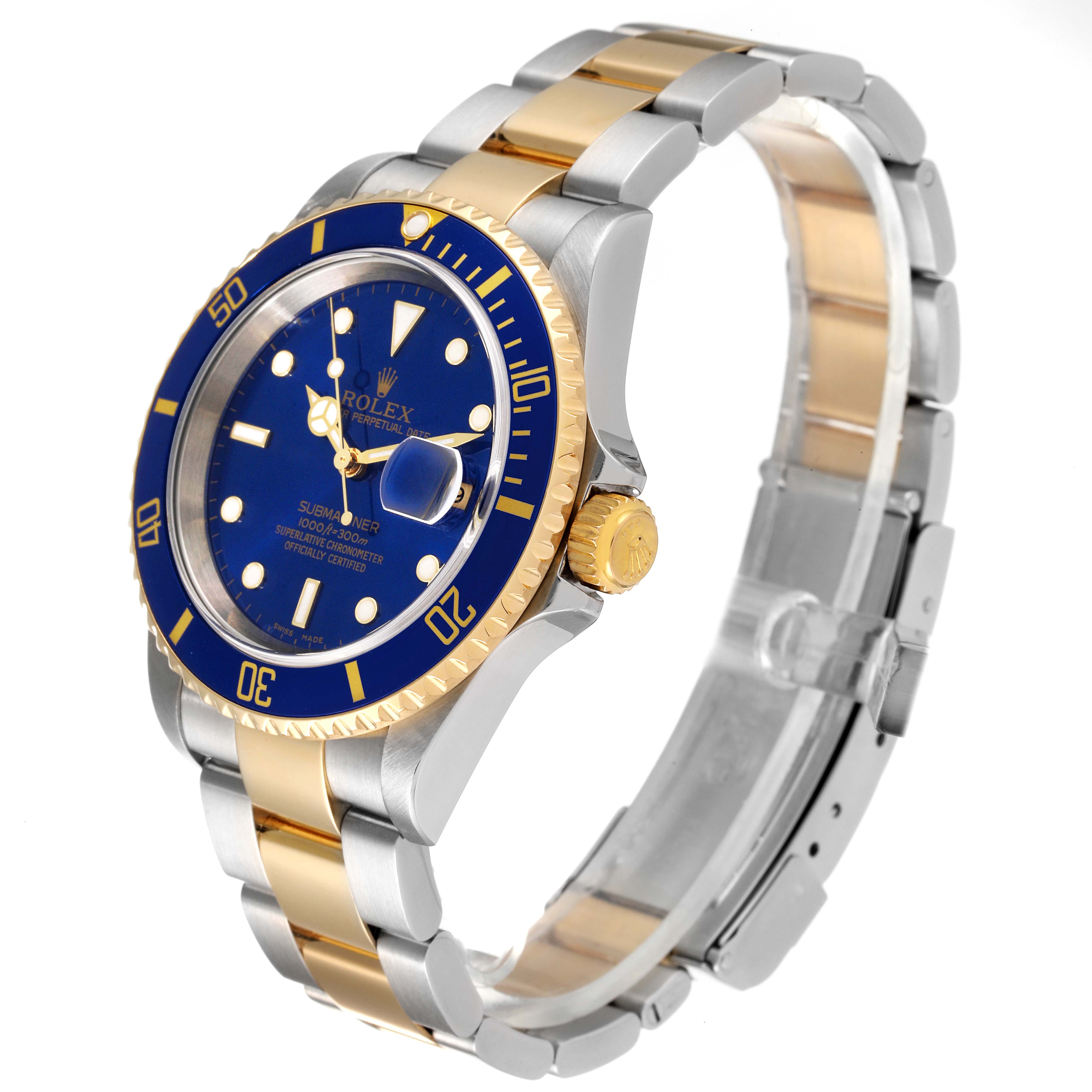 The Rolex Submariner 16613 Men's Steel and Gold (two tone) Blue Dial 16613 Men's Steel and Gold (two tone) Blue Dial watch is shown at an angled side view, displaying the blue dial, bezel, and gold and steel bracelet.