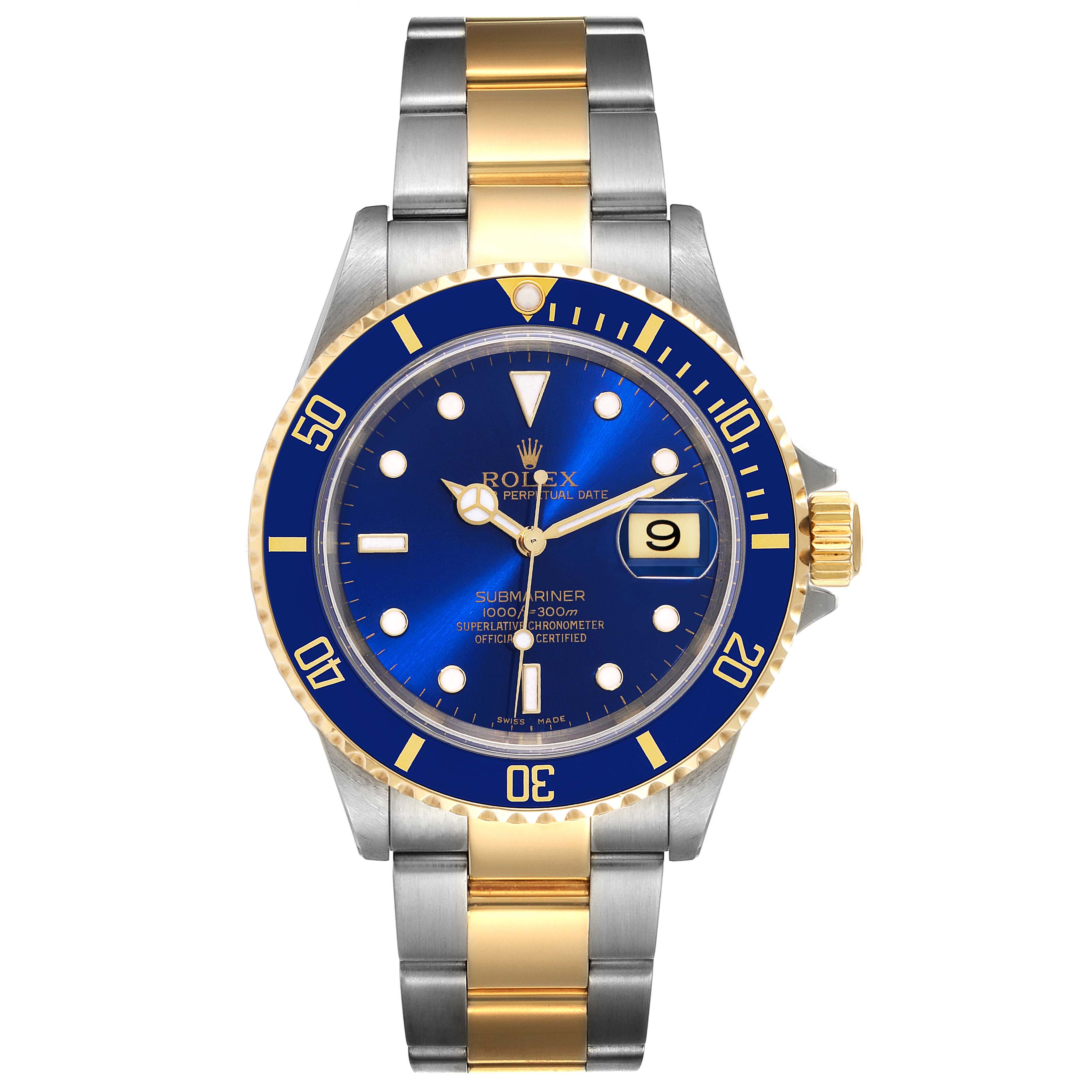 The image shows a Rolex Submariner 16613 Men's Steel and Gold (two tone) Blue Dial 16613 Men's Steel and Gold (two tone) Blue Dial watch from a front angle, highlighting its blue dial, gold bezel, and two-toned bracelet.