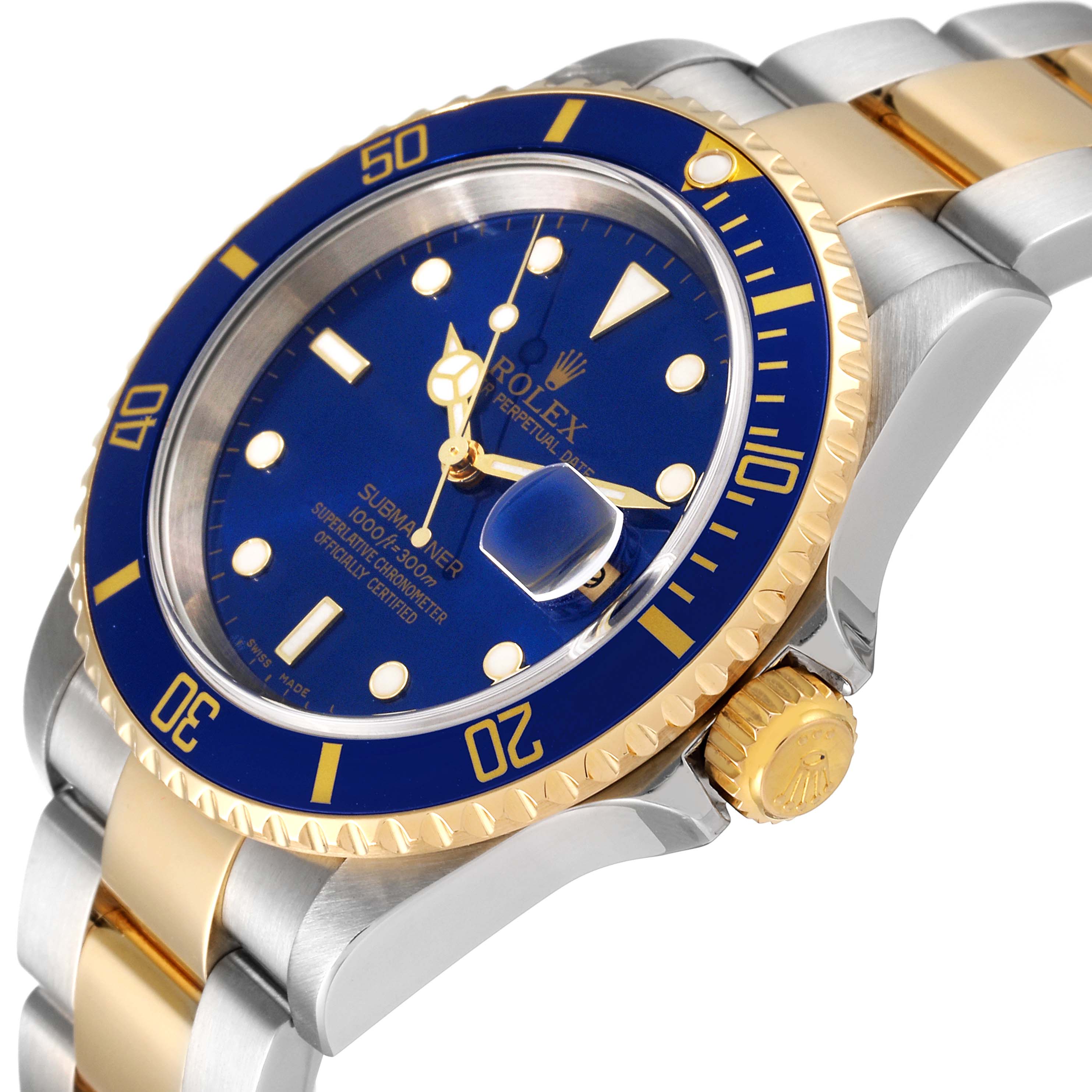 The image shows a close-up angled view of a Rolex Submariner 16613 Men's Steel and Gold (two tone) Blue Dial 16613 Men's Steel and Gold (two tone) Blue Dial watch, highlighting the crown, bezel, and part of the bracelet.