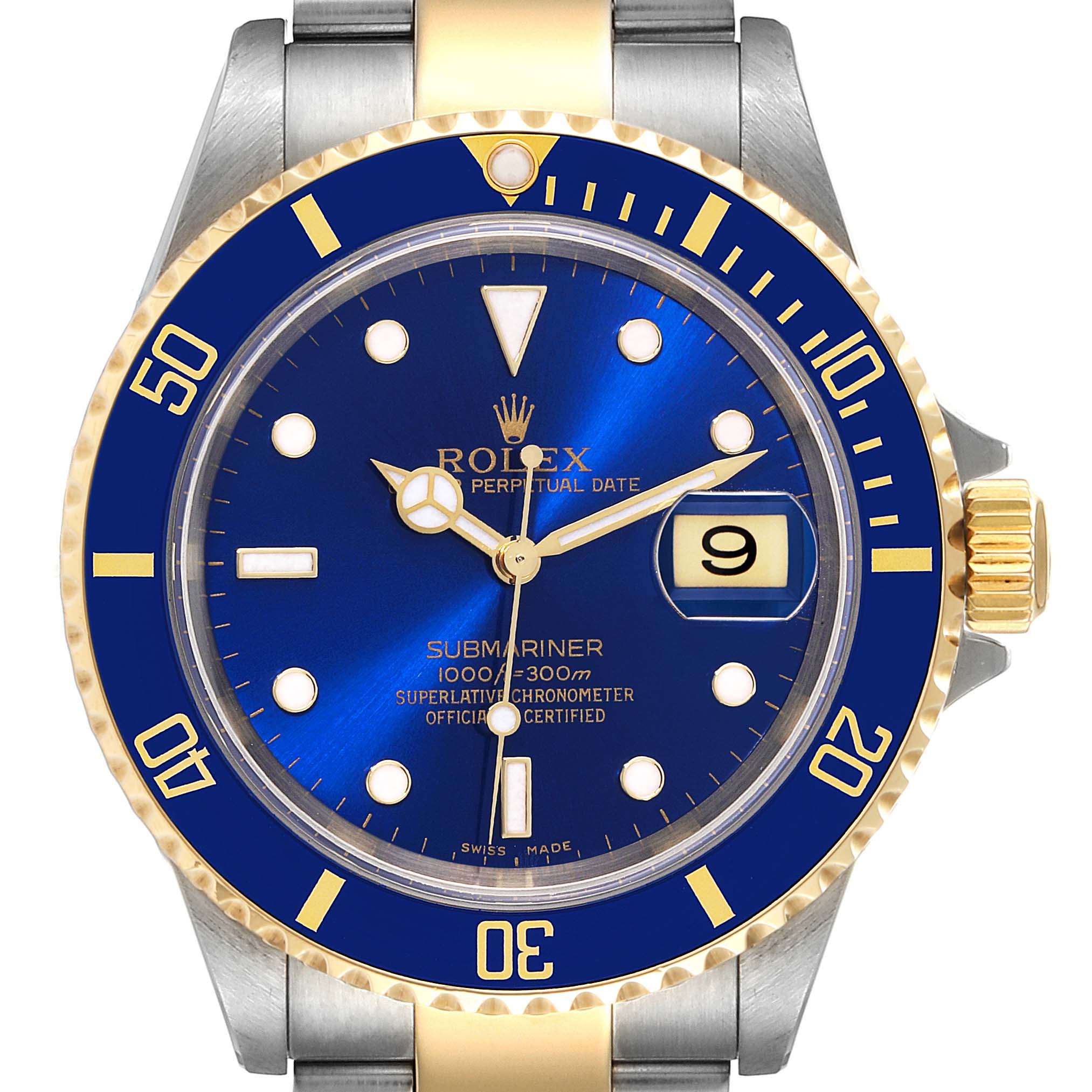 This image shows the front view of a Rolex Submariner 16613 Men's Steel and Gold (two tone) Blue Dial 16613 Men's Steel and Gold (two tone) Blue Dial watch, including the bezel, dial, hands, crown, and part of the bracelet.