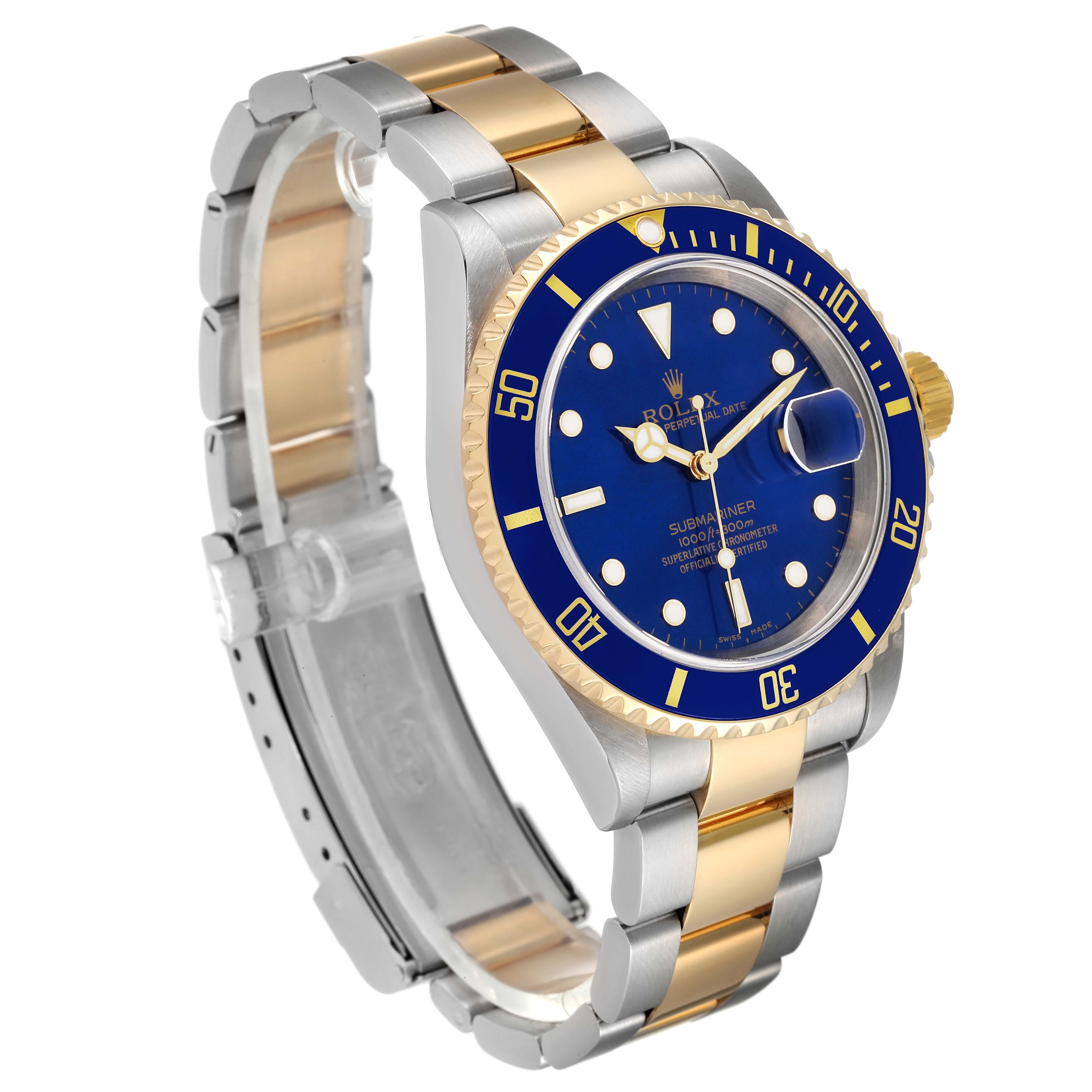 The Rolex Submariner 16613 Men's Steel and Gold (two tone) Blue Dial 16613 Men's Steel and Gold (two tone) Blue Dial watch is shown in a three-quarter angle, highlighting its blue dial, bezel, and two-tone bracelet.