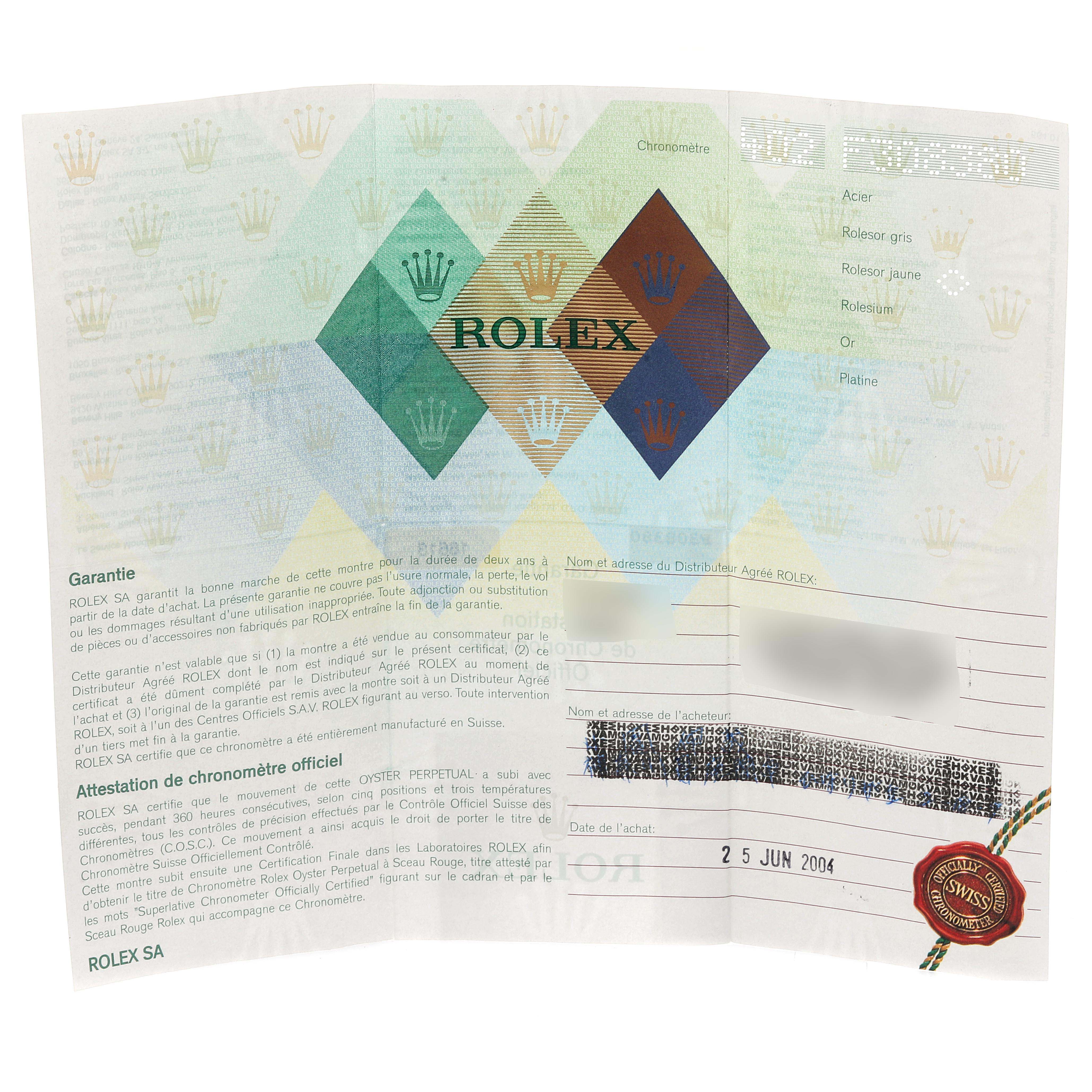 This is an image of a warranty certificate for a Rolex Submariner 16613 Men's Steel and Gold (two tone) Blue Dial 16613 Men's Steel and Gold (two tone) Blue Dial watch, detailing guarantee information and purchase validation.
