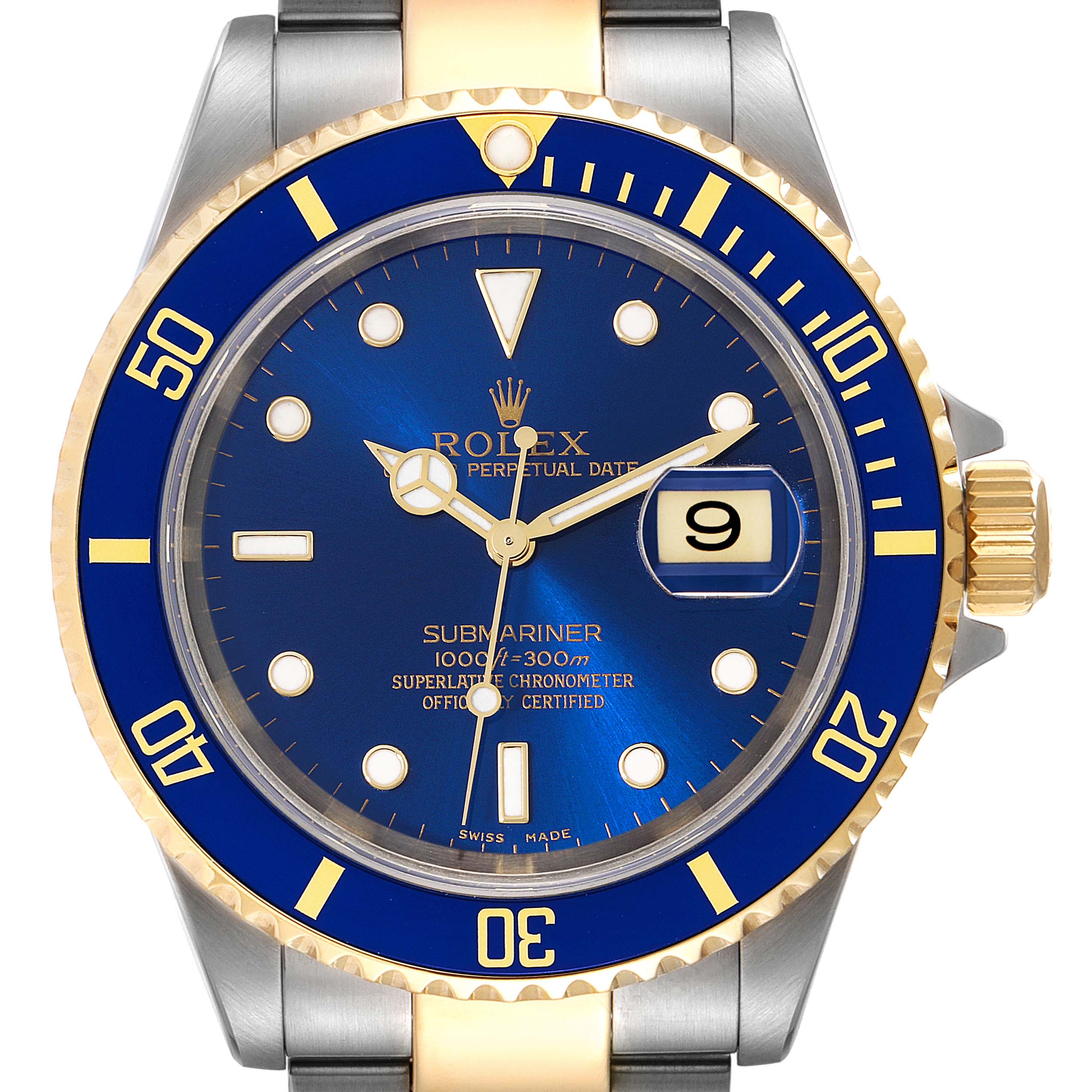 This image shows a front angle view of the Rolex Submariner 16613 Men's Steel and Gold (two tone) Blue Dial 16613 Men's Steel and Gold (two tone) Blue Dial watch, displaying its blue dial, bezel, and part of the bracelet.