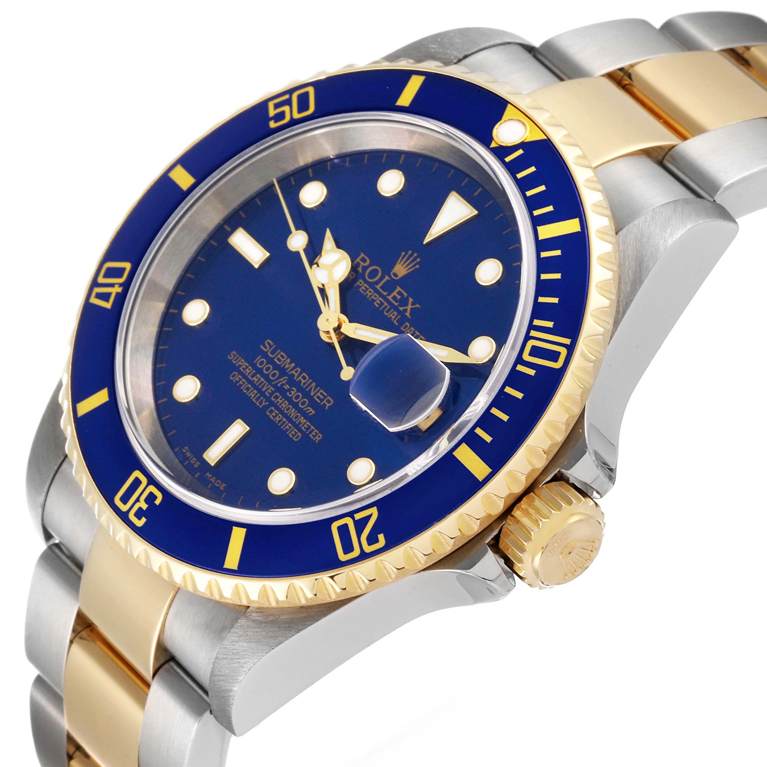 The Rolex Submariner 16613 Men's Steel and Gold (two tone) Blue Dial 16613 Men's Steel and Gold (two tone) Blue Dial watch is shown at a slight angle, displaying its blue dial, bezel, and part of the two-tone bracelet.