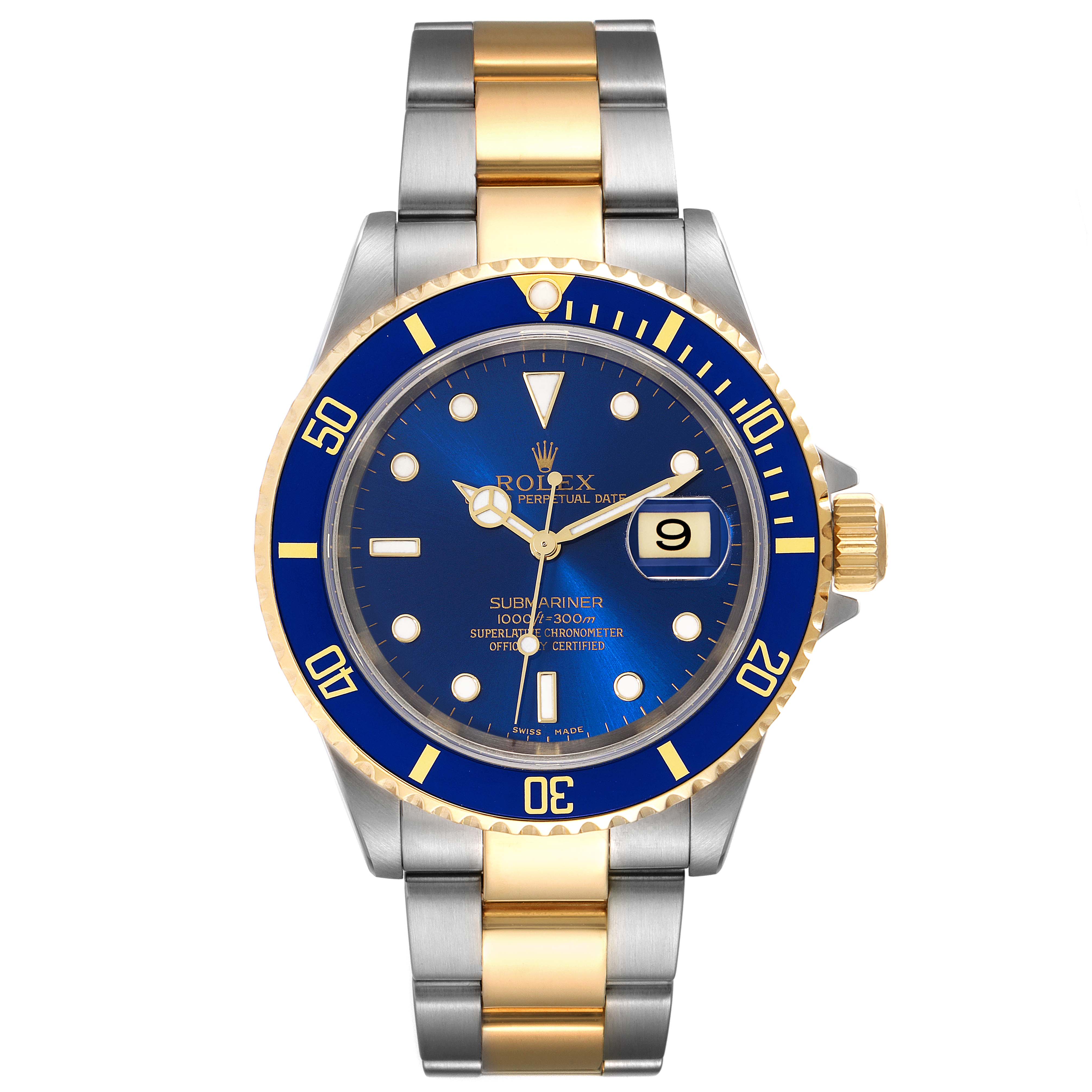 The Rolex Submariner 16613 Men's Steel and Gold (two tone) Blue Dial 16613 Men's Steel and Gold (two tone) Blue Dial watch is shown from a front angle, featuring its blue dial, date display, and two-tone bracelet.