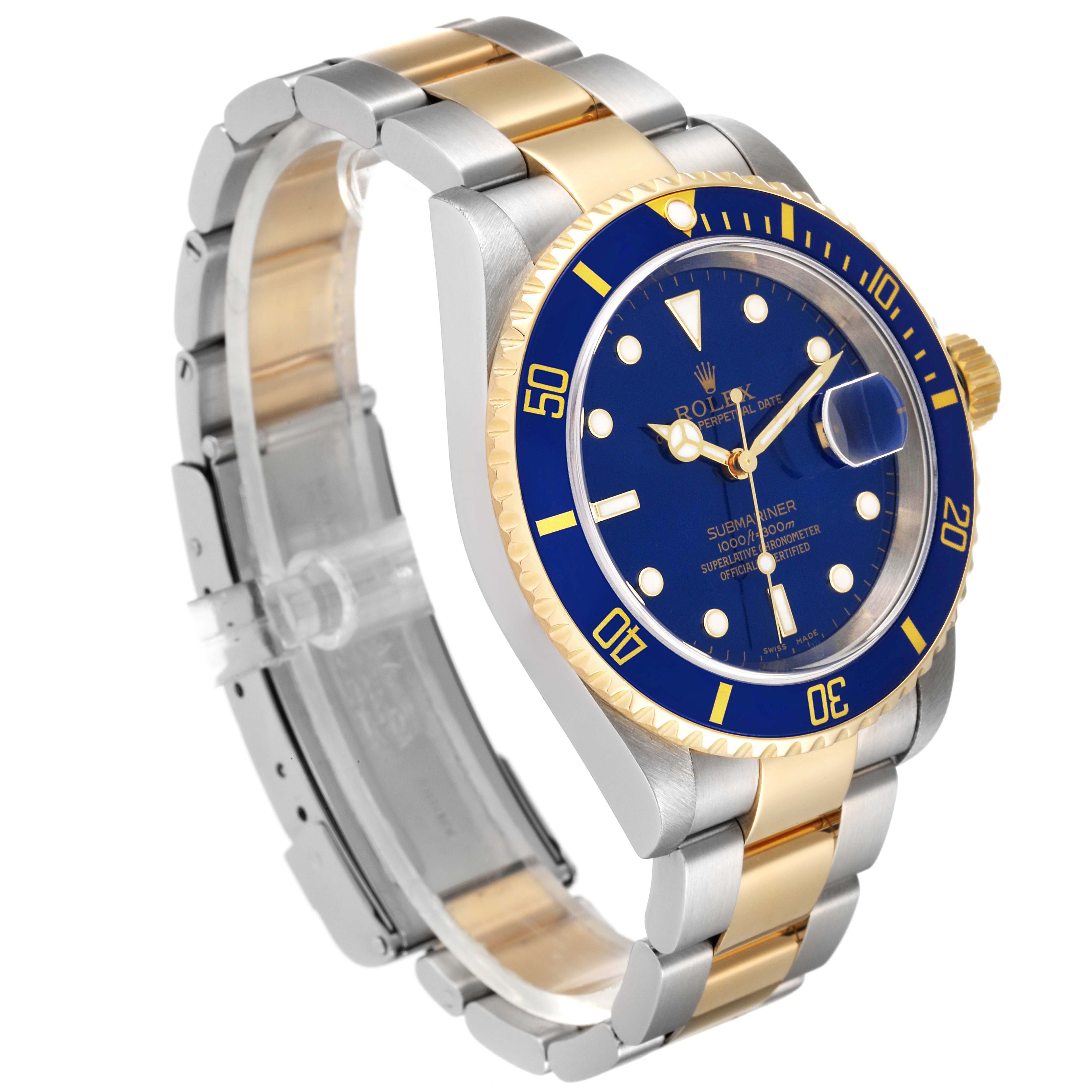 The Rolex Submariner 16613 Men's Steel and Gold (two tone) Blue Dial 16613 Men's Steel and Gold (two tone) Blue Dial watch is presented at a slight angle showcasing its face, bezel, and part of the bracelet.