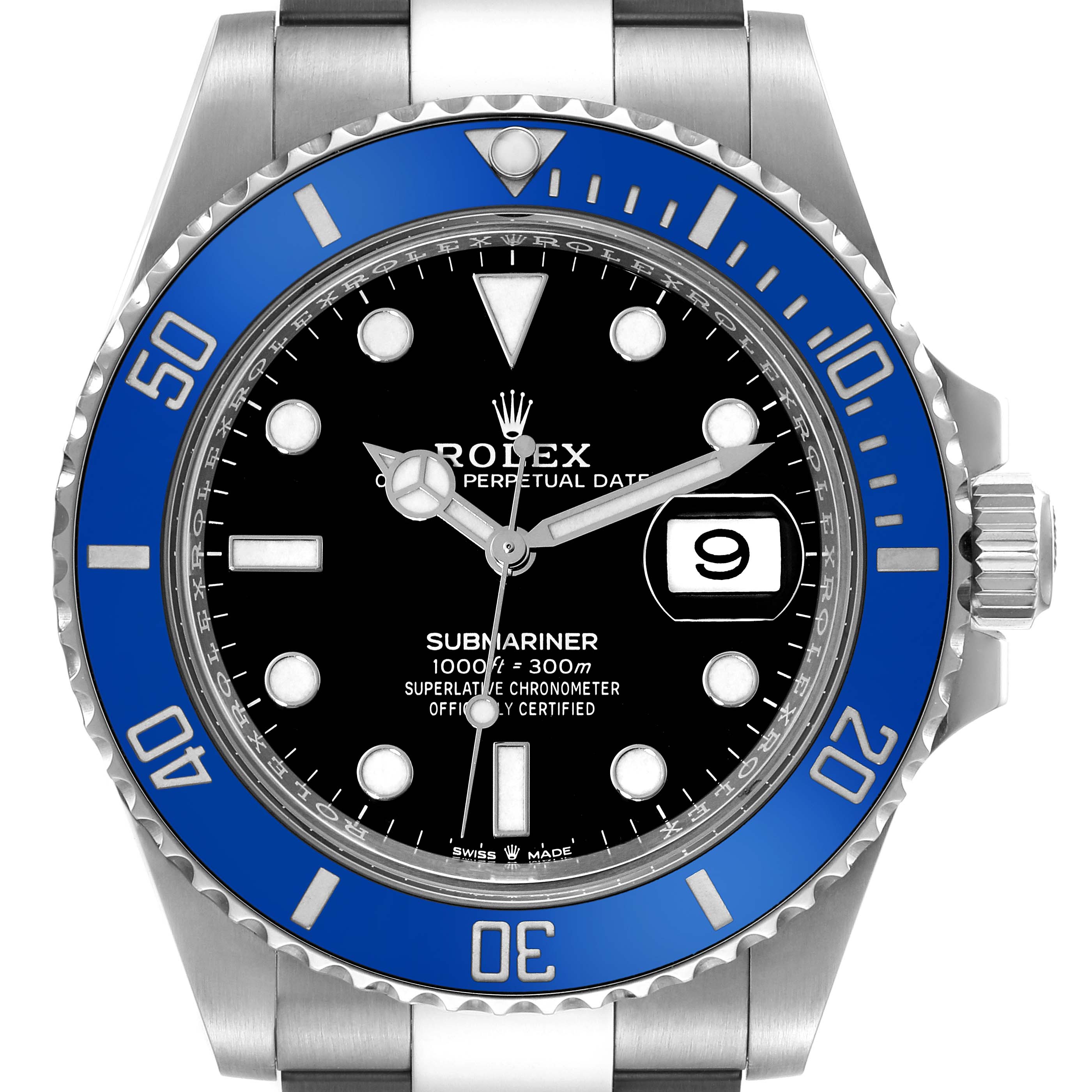 The Rolex Submariner 126619 Men's White Gold Black Dial 126619 Men's White Gold Black Dial watch is shown in a front view, featuring a blue bezel, black dial, and date display.
