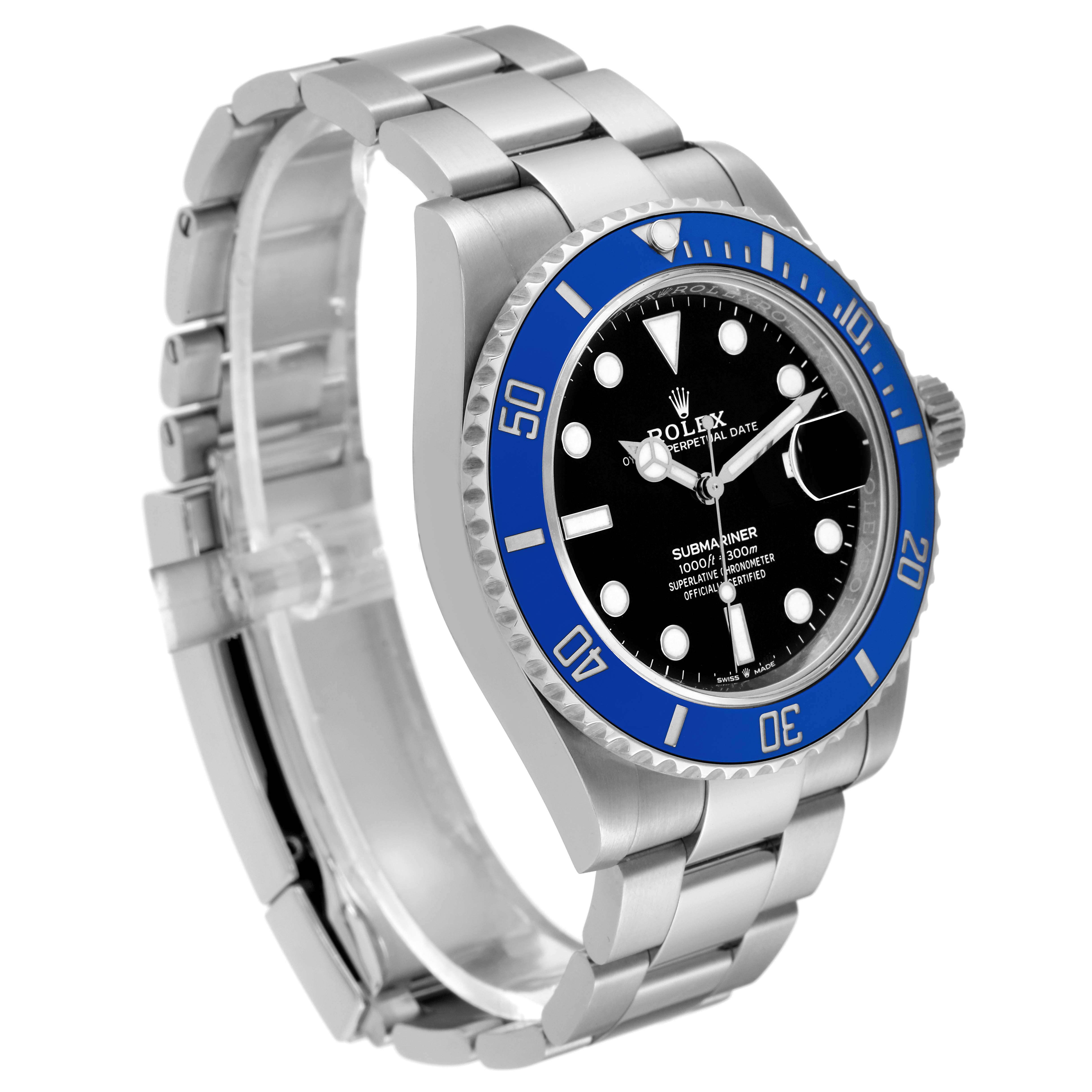 This is a Rolex Submariner 126619 Men's White Gold Black Dial 126619 Men's White Gold Black Dial watch shown from an angled side view, highlighting the black dial, blue bezel, and metal bracelet.
