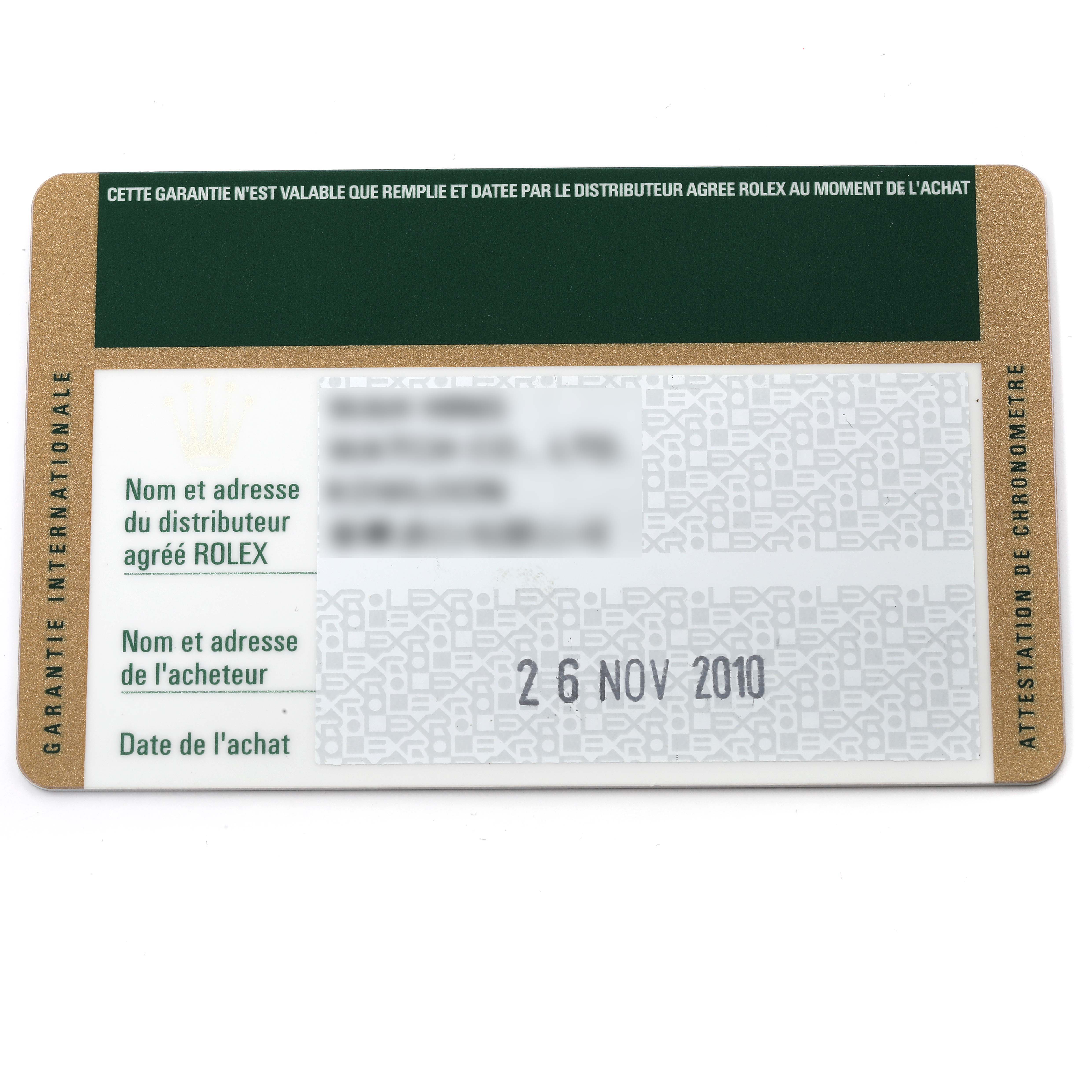 This image shows a warranty card for the Rolex Submariner 14060M Men
s Stainless Steel Black Dial 14060M Men
s Stainless Steel Black Dial model, with information and purchase date visible.