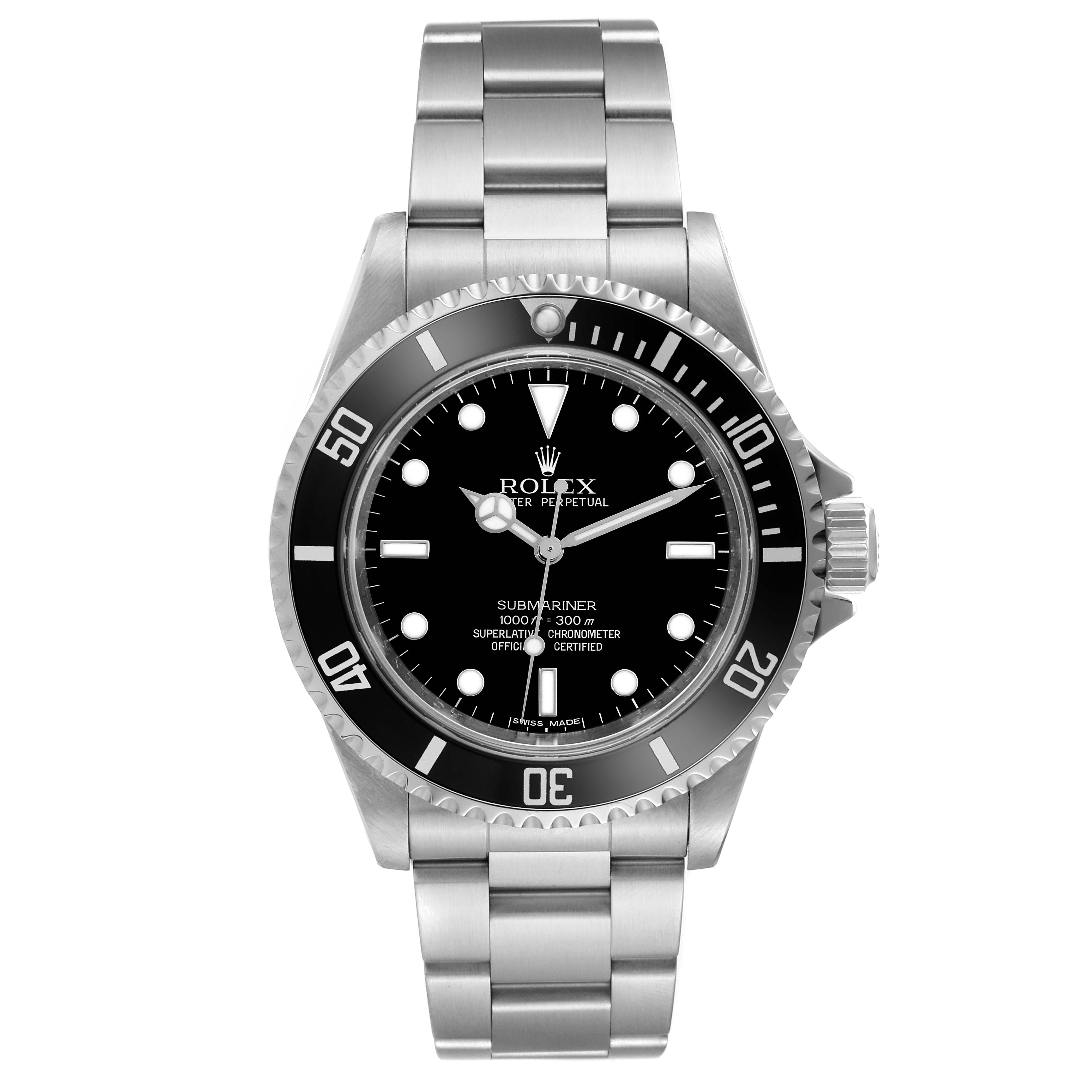 This image shows a front view of a Rolex Submariner 14060M Men
s Stainless Steel Black Dial 14060M Men
s Stainless Steel Black Dial watch, displaying the dial, bezel, crown, and bracelet.