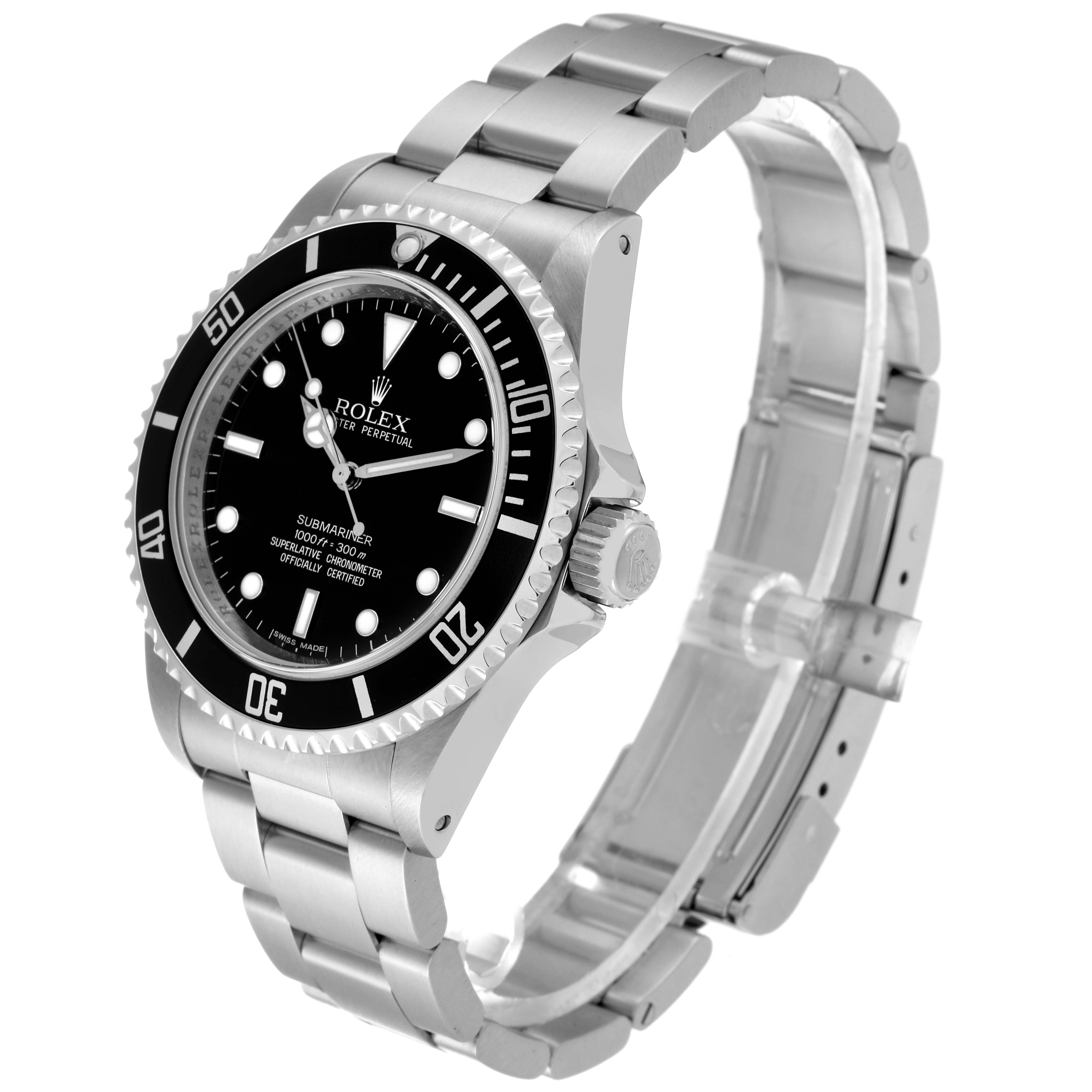 This image shows the Rolex Submariner 14060M Men
s Stainless Steel Black Dial 14060M Men
s Stainless Steel Black Dial watch from a three-quarter view, displaying its face, bezel, crown, and bracelet.