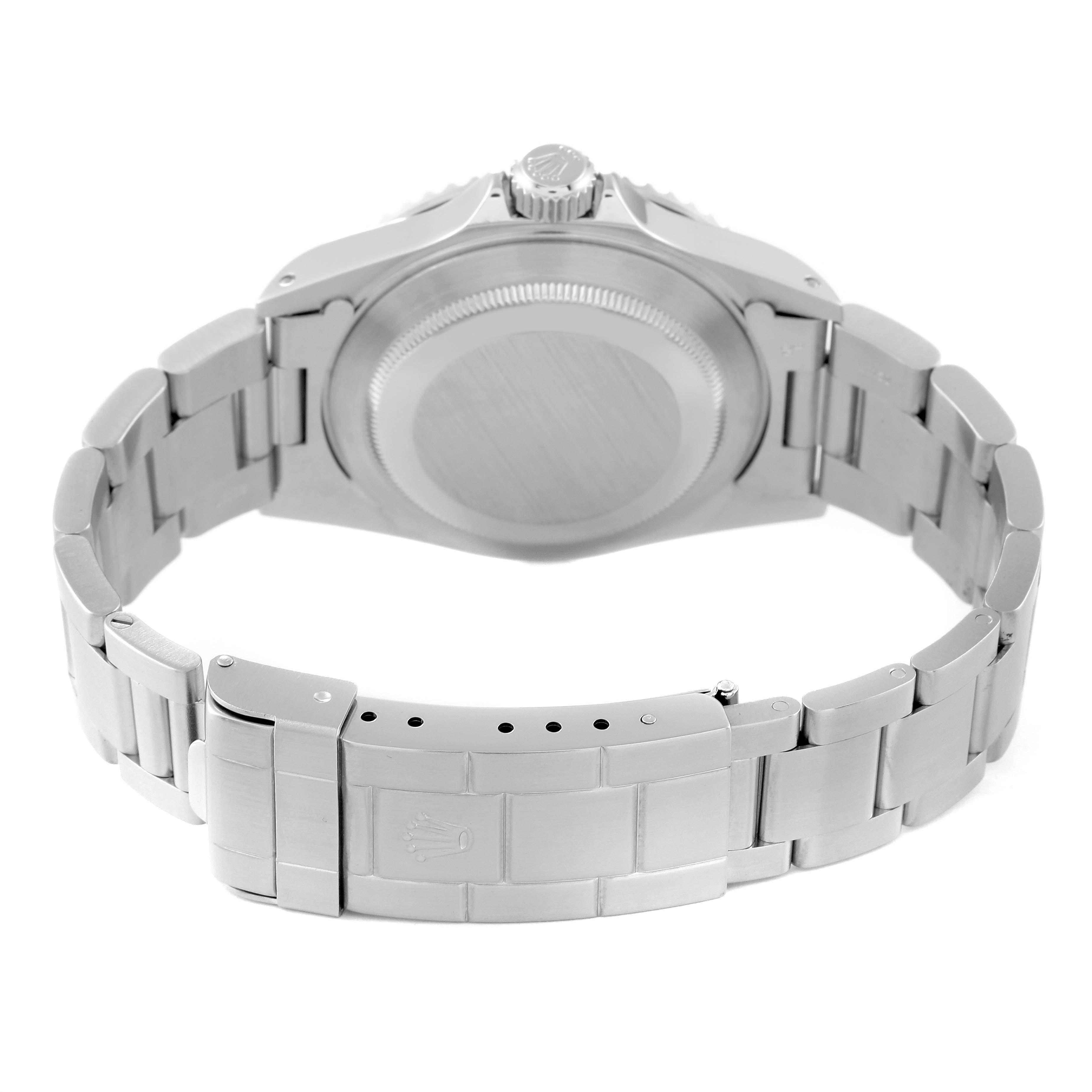 This image features the back and bracelet of a Rolex Submariner 14060M Men
s Stainless Steel Black Dial 14060M Men
s Stainless Steel Black Dial watch, showcasing the clasp and case back.